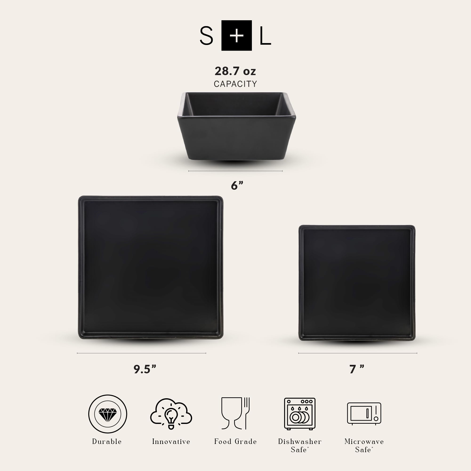 Premium 12-Piece Stoneware Dinnerware Set for 4 - Black Square Plates & Bowls - Durable Stone Lain Grace Collection - Perfect for Family Dinners, Entertaining Guests & Restaurant-Style Dining