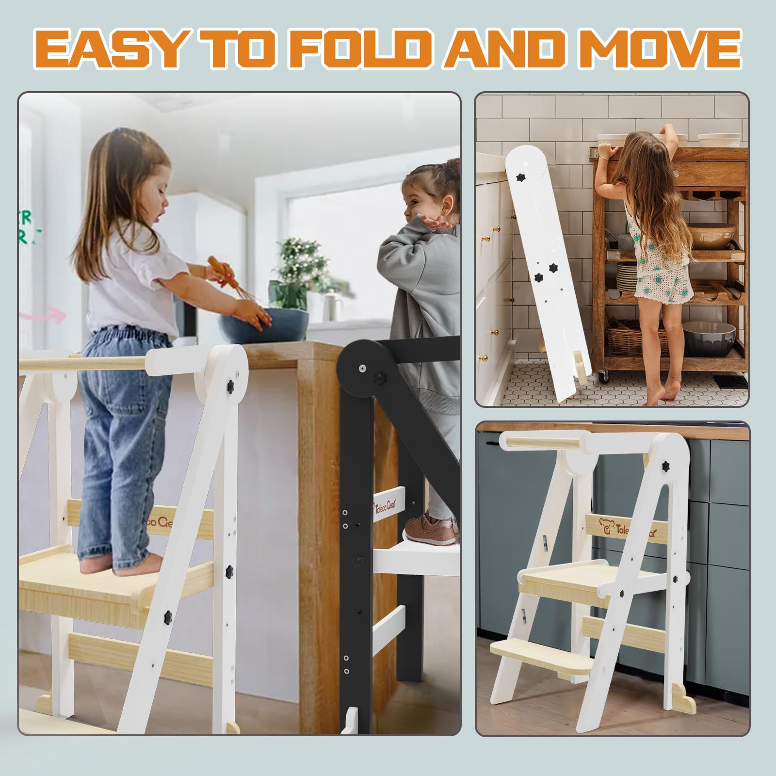 Taleco Gear Foldable Toddler Kitchen Stool Helper - 3 Adjustable Height Wooden Learning Tower for Kids | Collapsible Step Stool for Bathroom & Kitchen Safety (Natural Wood) | Perfect Montessori Helper for Baking, Washing Hands & Countertop Access
