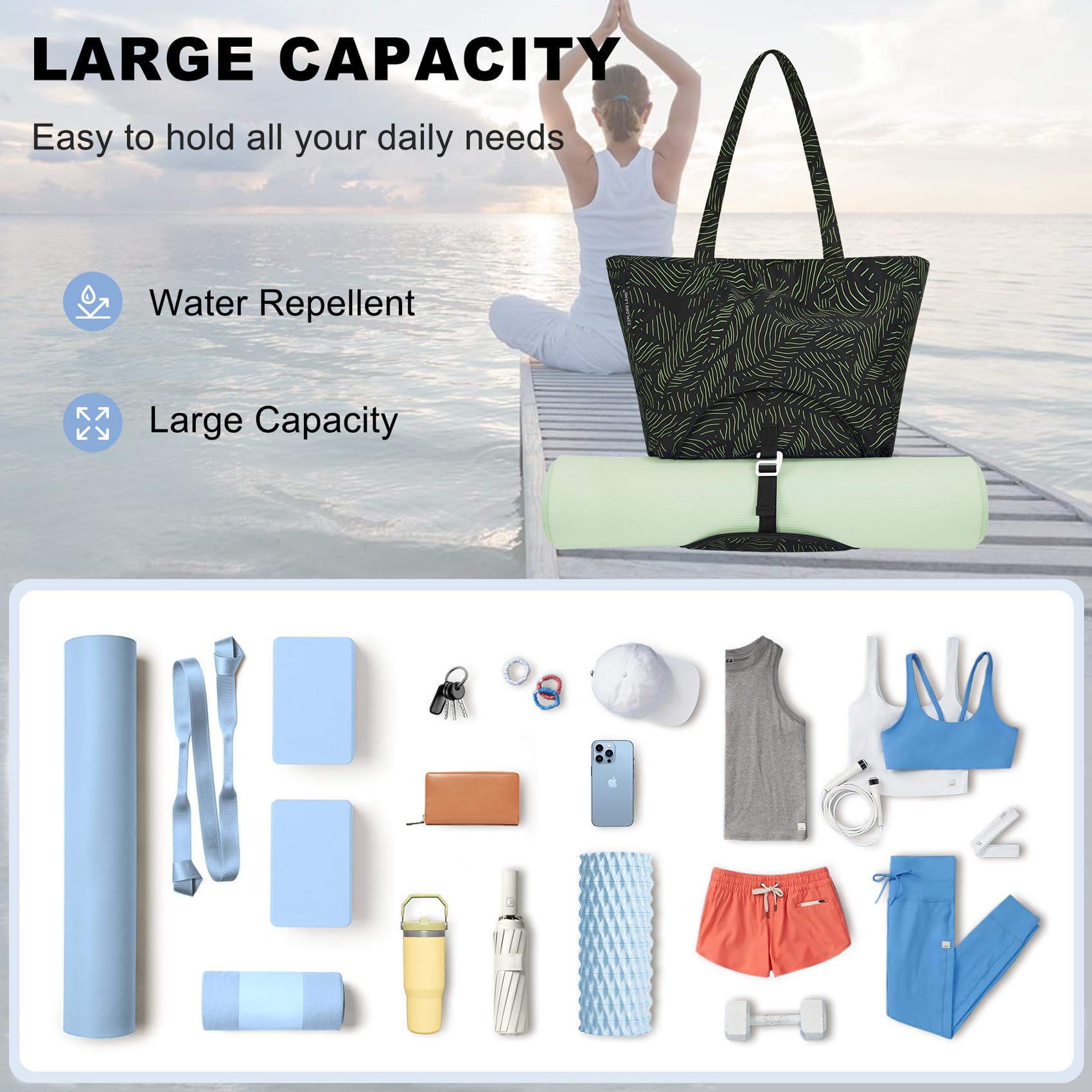 Explore Land Yoga Bags for Women - Large Pocket Pilates Tote Bag for Gym, Beach & Workout - Fits Water Bottles & All Size Mats - Perfect for Yoga, Pilates, Travel & Fitness Activities
