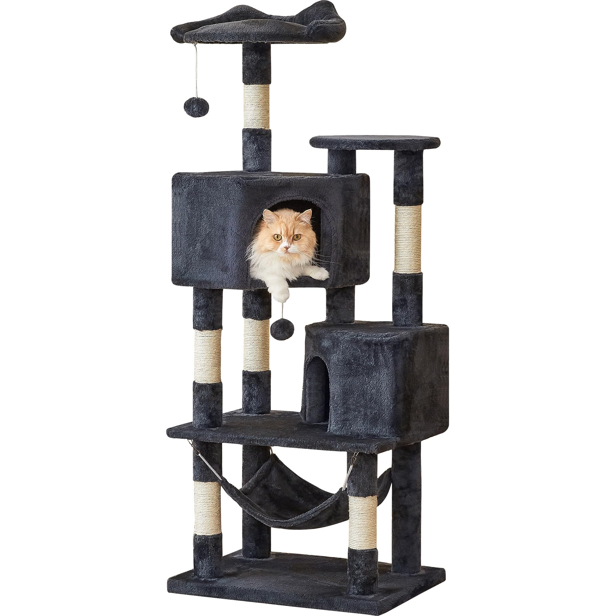 Premium Multi-Level Cat Tree for Indoor Cats - Tall Cat Tower with Condos, Sisal Scratching Posts & Hammock | Dangling Toys & Top Perch for Large Cats & Kittens | Smoky Grey | Perfect for Play, Rest & Climbing in Home or Apartment