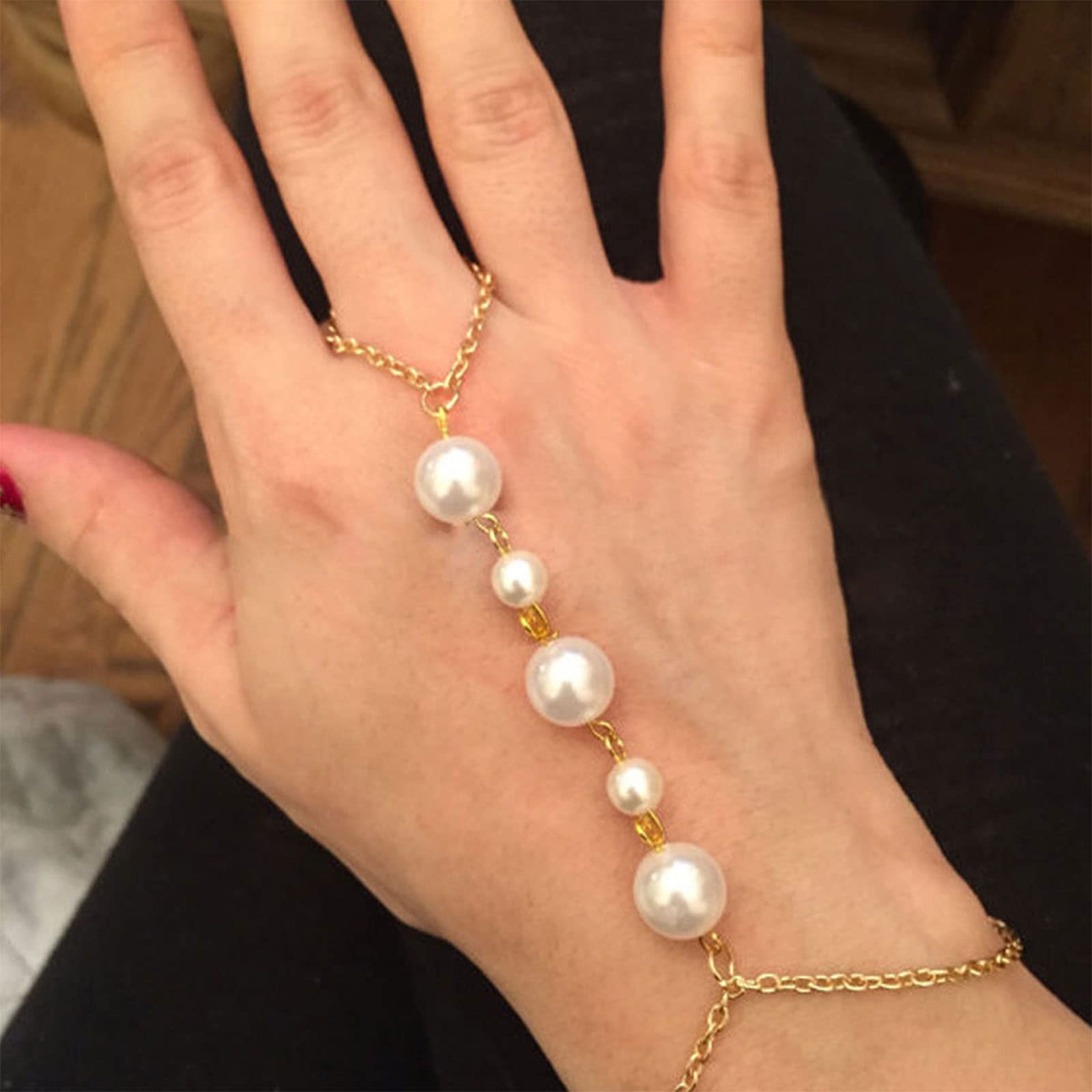 YienDoo Gold Pearl Bracelet - Large Pearl Link Finger Chain, Boho Pearl Hand Chain, Dainty Slave Bracelet & Ring Harness Jewelry Set - Elegant Gifts for Women, Perfect for Weddings, Parties & Boho Fashion Accessories