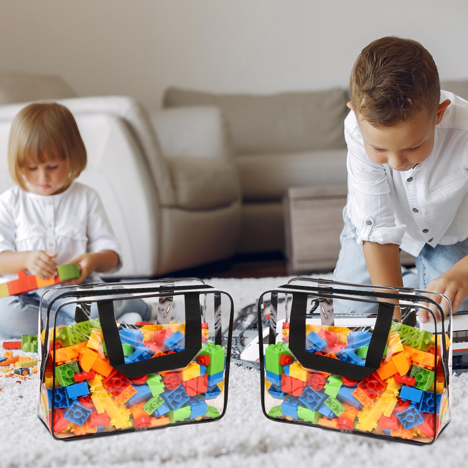 10 Pack Large Clear PVC Toy Storage Bags with Zipper & Labels - Waterproof Travel Organizer for Kids Toys, Building Blocks, Puzzles, Books - Perfect for Home Organization, Playroom Storage & Travel Packing