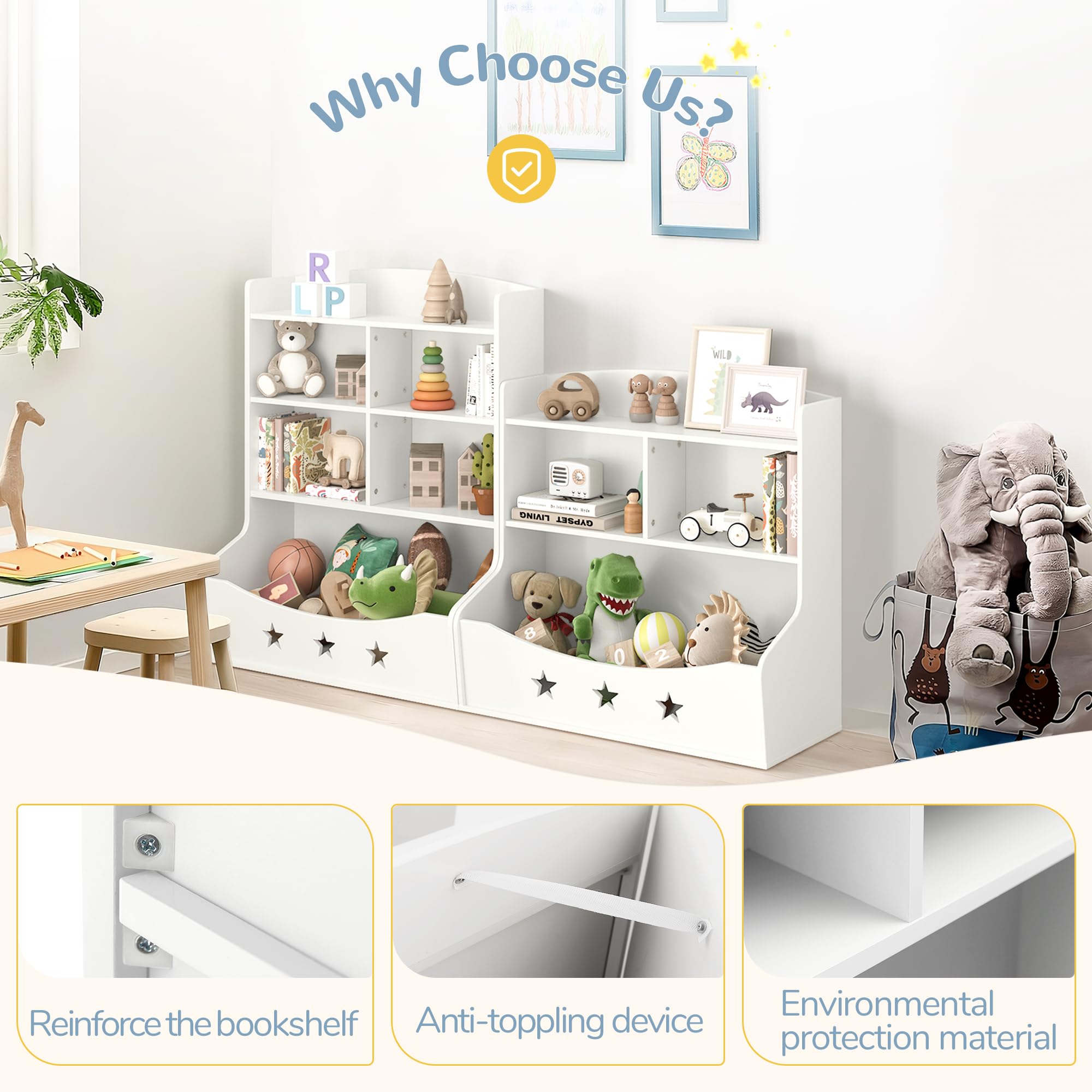 Kids Wooden Bookshelf - 3.5-Tier Bookcase with 5 Cube Storage & Star Pattern | Nursery, Playroom & Bedroom Organizer for Toys & Books | Durable White Toy Storage Cabinet for Kids' Room Decor & Learning Space