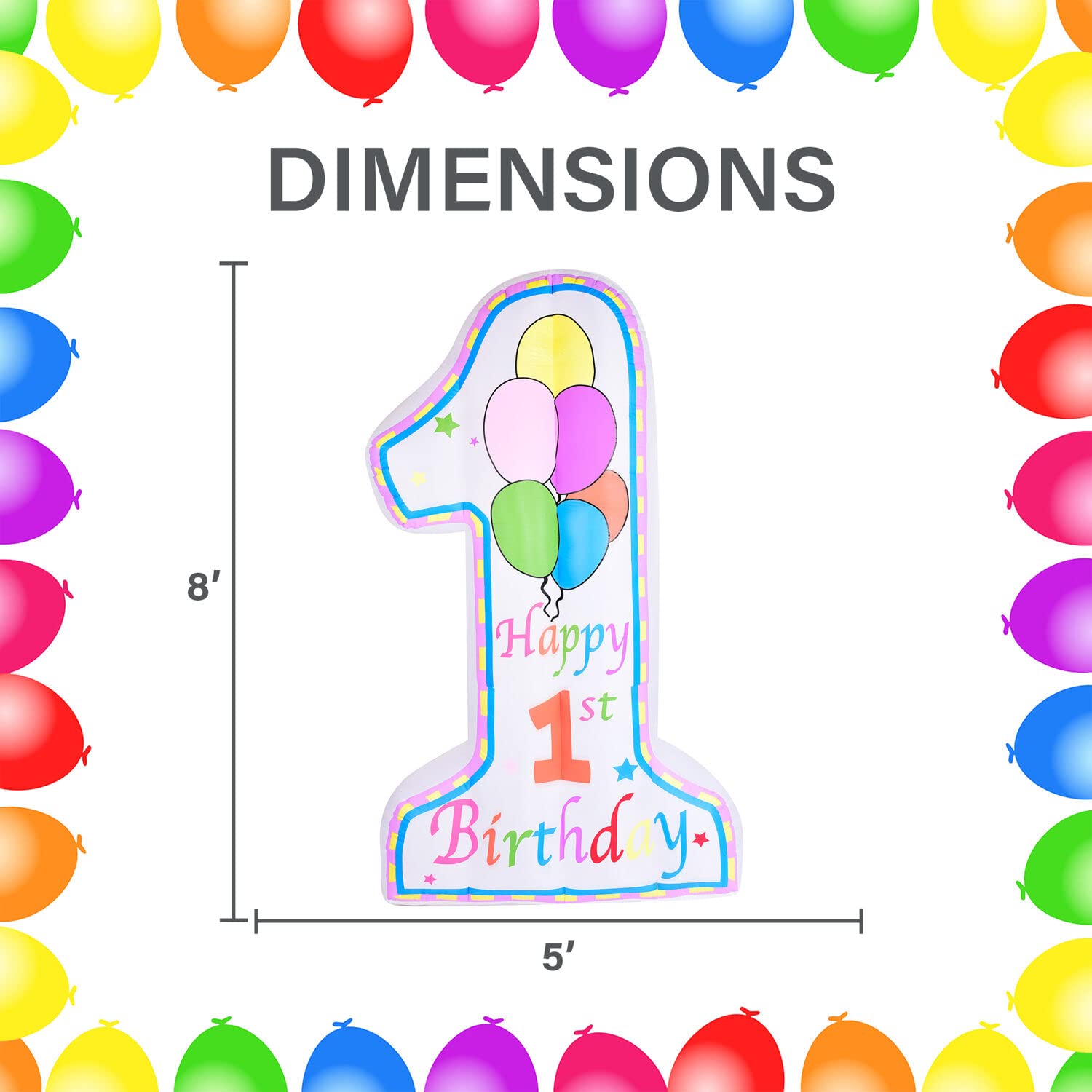 Fraser Hill Farm 8-Ft First Birthday Inflatable with LED Lights & Storage Bag - Baby's 1st Birthday Party Decorations for Outdoor & Indoor Celebrations - Perfect for Milestone Birthdays, Backyard Parties, and Festive Events