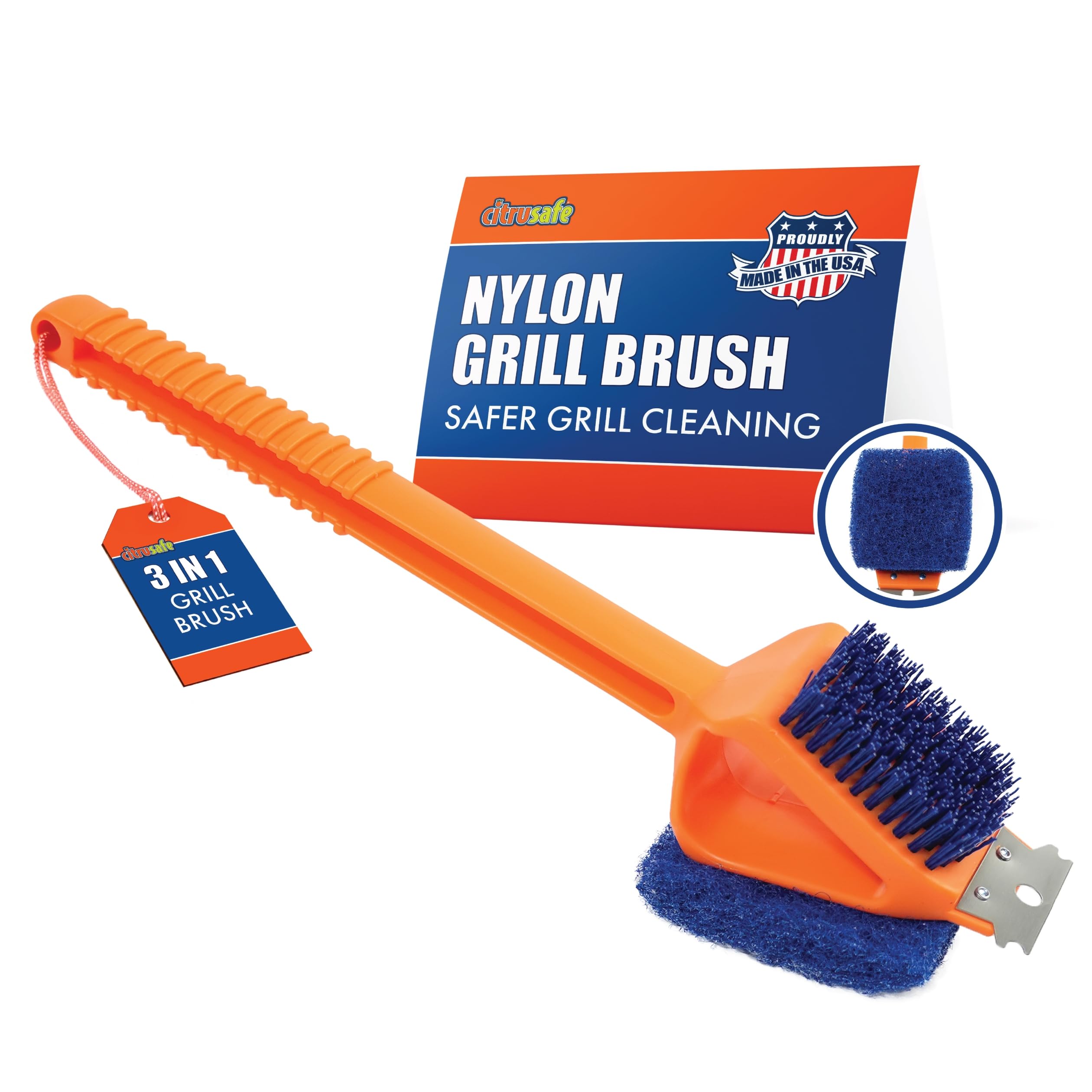 **CitruSafe 3-in-1 Nylon Grill Brush with Scraper & Scrubber – Non-Metal Bristles – Safe BBQ Grill Cleaner for Outdoor Grilling – Made in USA – Perfect for Backyard BBQs, Camping & Picnics**