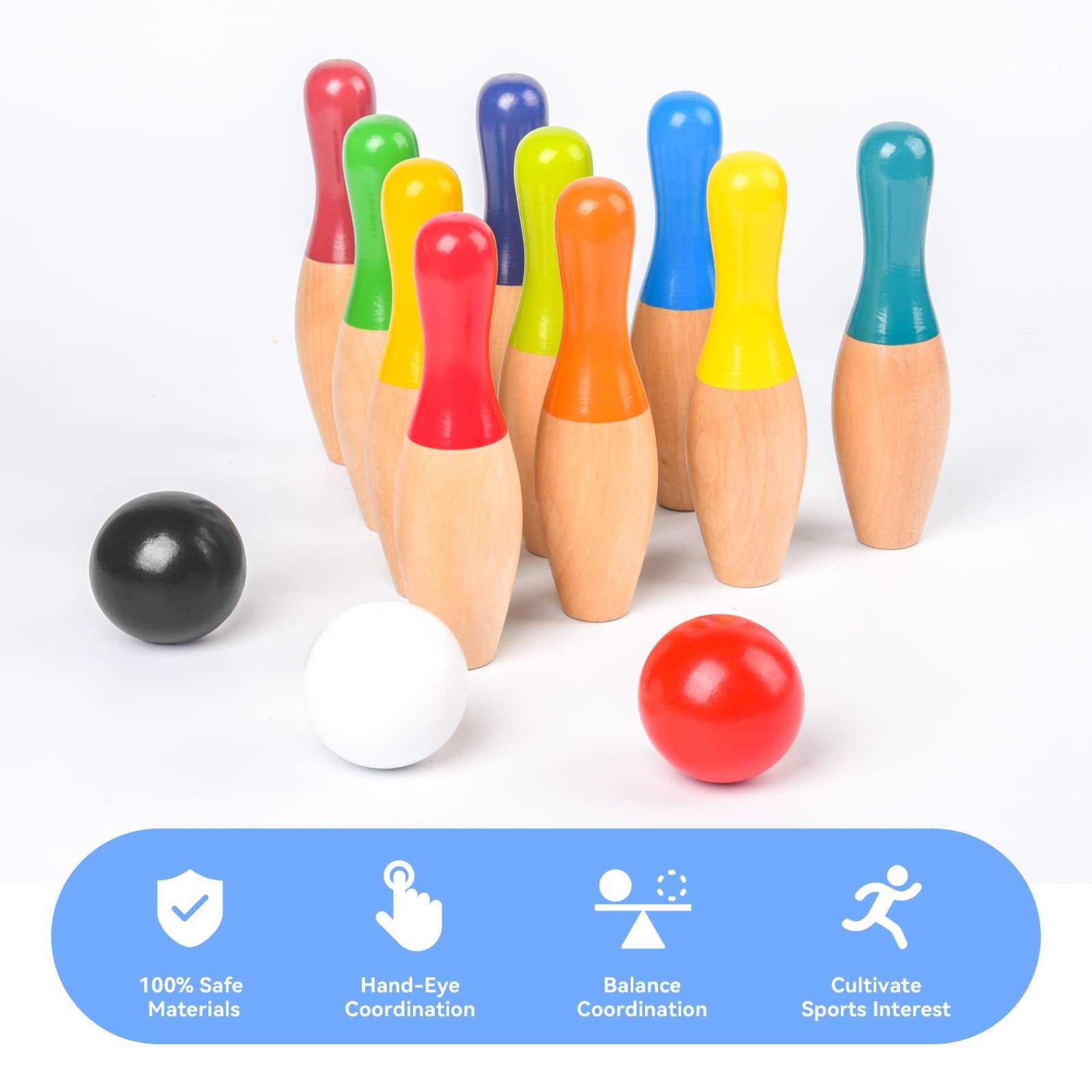 Premium WODI Wooden Bowling Set with 10 Pins, 2 Balls & Mesh Carry Bag - Classic Backyard Game for Kids, Toddlers & Adults - Perfect for Indoor & Outdoor Family Fun, Birthday Parties & Picnic Activities