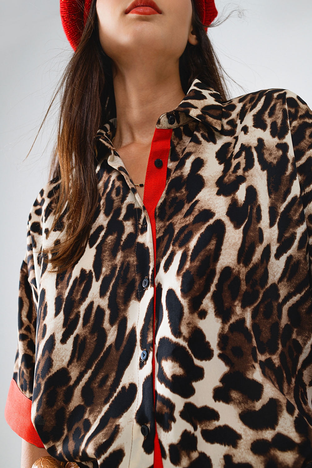 Leopard Print 3/4 Sleeve Blouse with Red Accents - Women's Fashion Top for Office, Party & Casual Wear