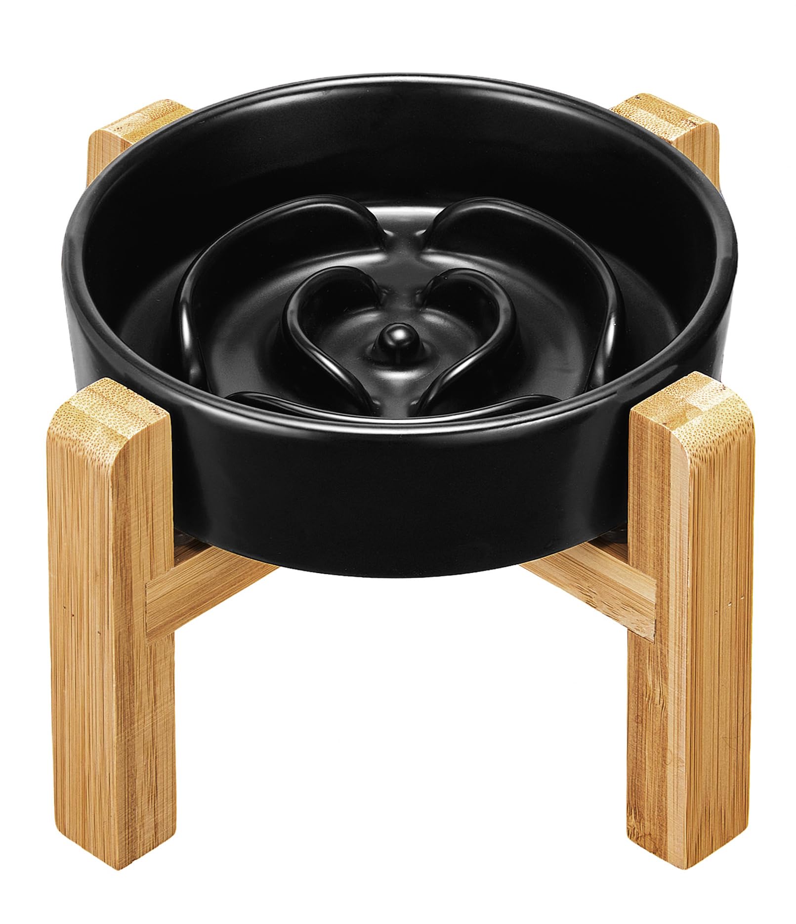 MOPANG Ceramic Slow Feeder Dog Bowl with Wooden Stand - 0.7 Cup Puzzle Feeder for Small Dogs & Cats - Elevated Maze Bowl for Better Digestion - Perfect for Small Breeds & Fast Eaters - Great for Mealtime Enrichment & Portion Control in Home or Travel Use