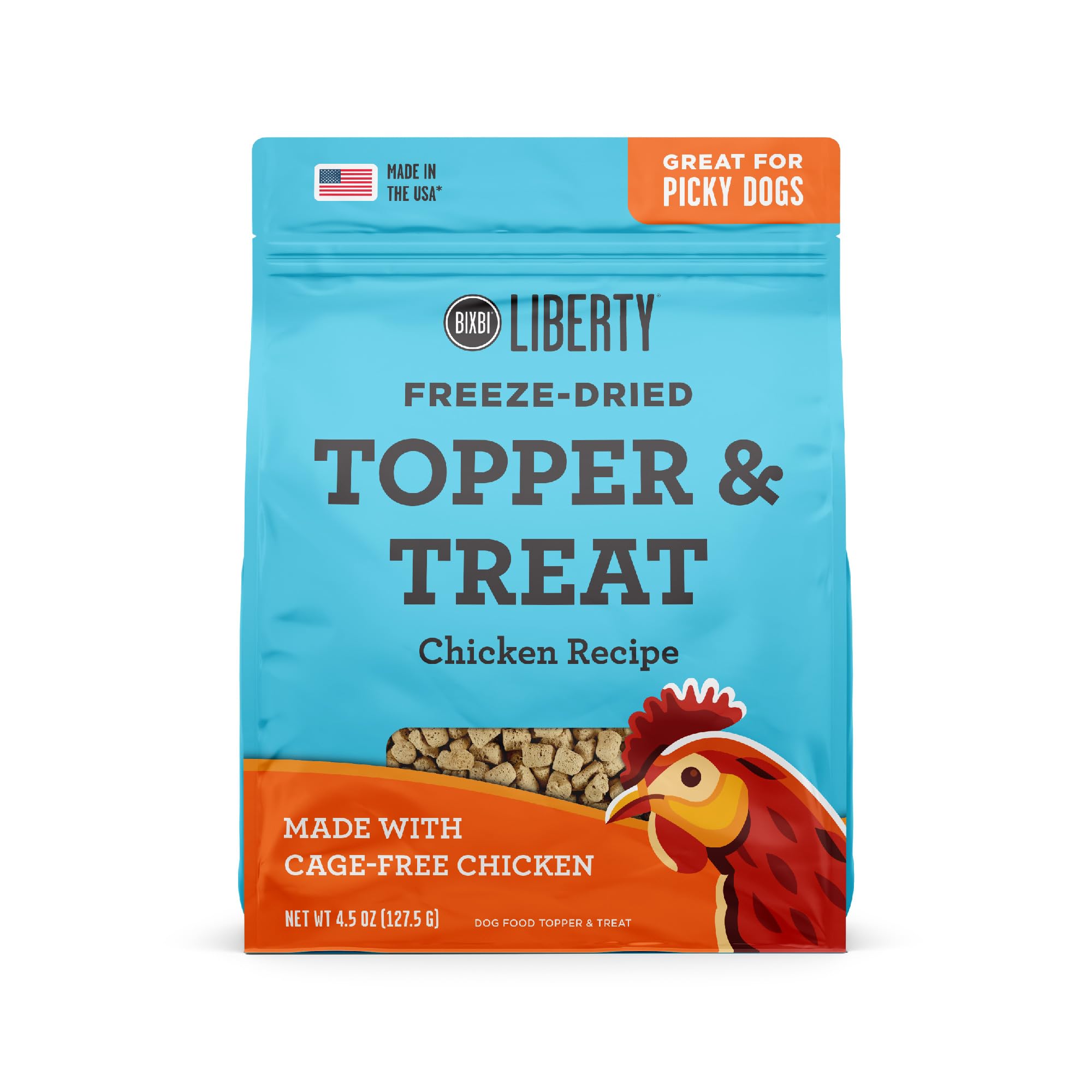 BIXBI Liberty Freeze Dried Dog Food Topper & Treat - Chicken Recipe, 4.5oz | 98% Meat & Organs | USA Made Raw Dog Food Enhancer | Perfect for Kibble Topping, Training Rewards & Travel Snacks