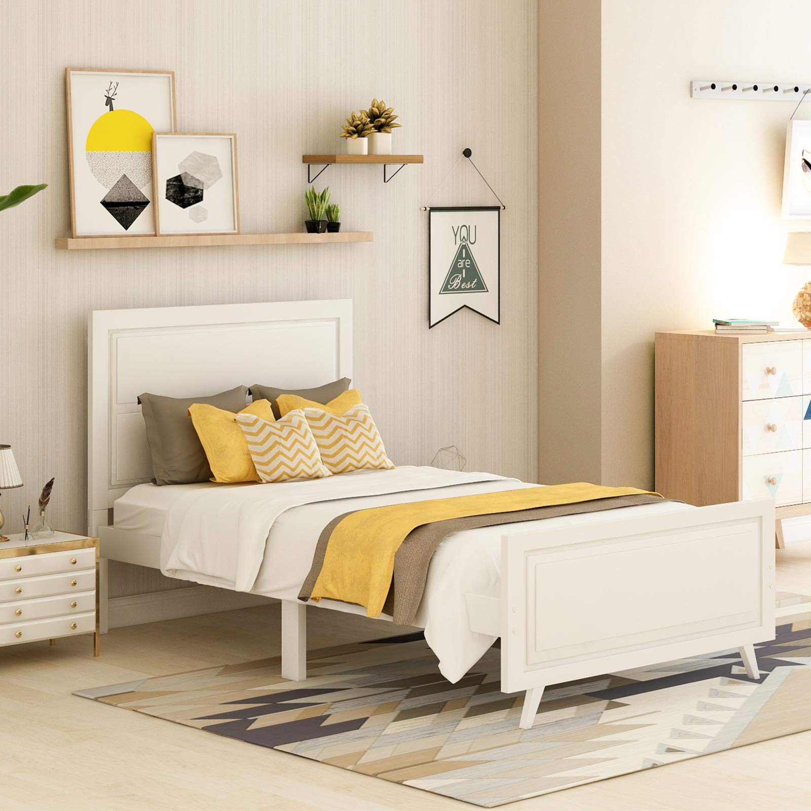 PovKeever Twin Size Wooden Platform Bed Frame with Headboard & Slat Support - Sturdy Mattress Foundation in White - Perfect for Kids' Rooms, Guest Bedrooms & Small Spaces