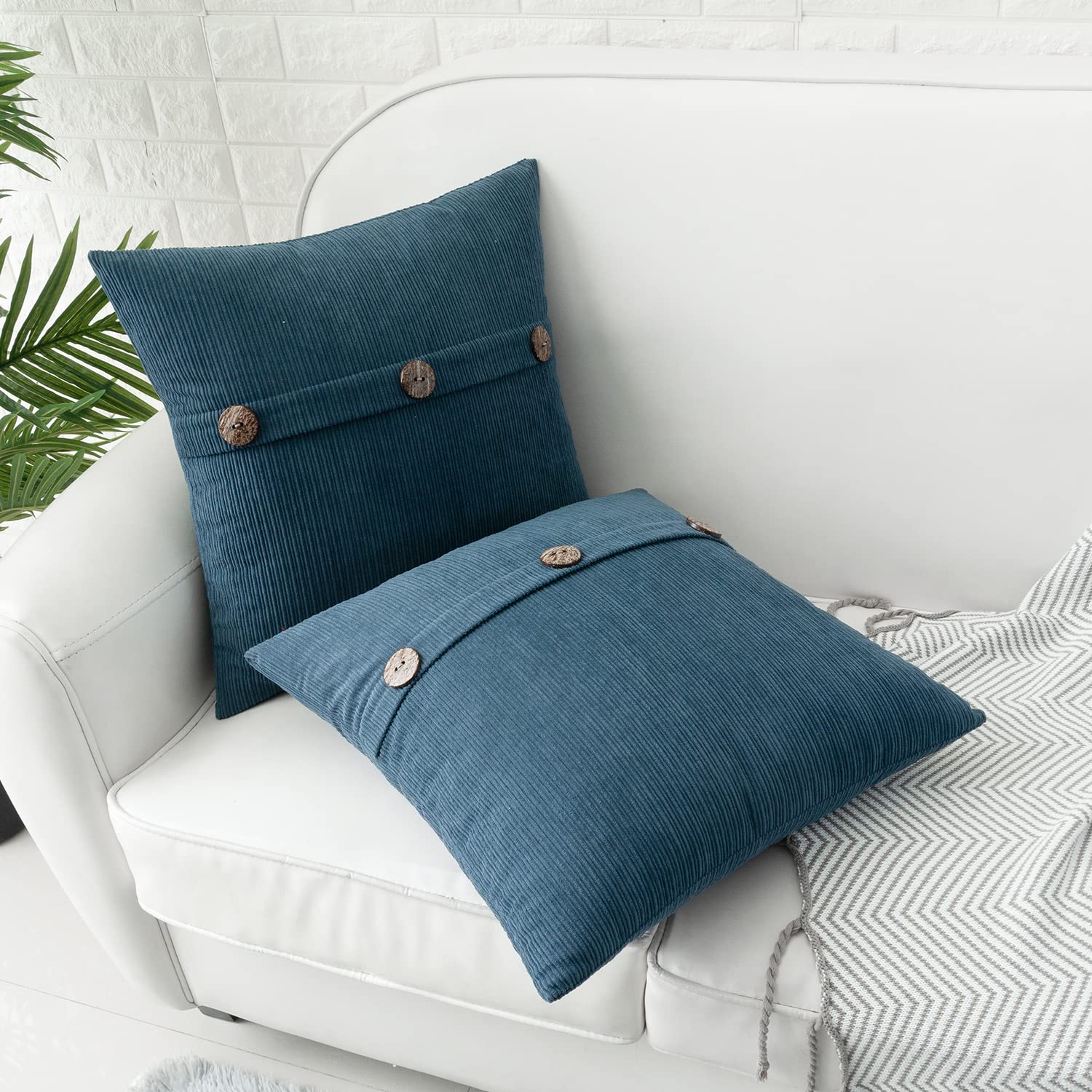 HWY 50 Blue Decorative Throw Pillow Covers 18x18 Inch - Soft Chenille Couch Pillow Covers Set with Triple Buttons, Accent Cushion Cases for Sofa, Bed, Living Room & Bedroom (Pack of 2) - Perfect for Home Decor, Cozy Reading Nook & Guest Room Styling