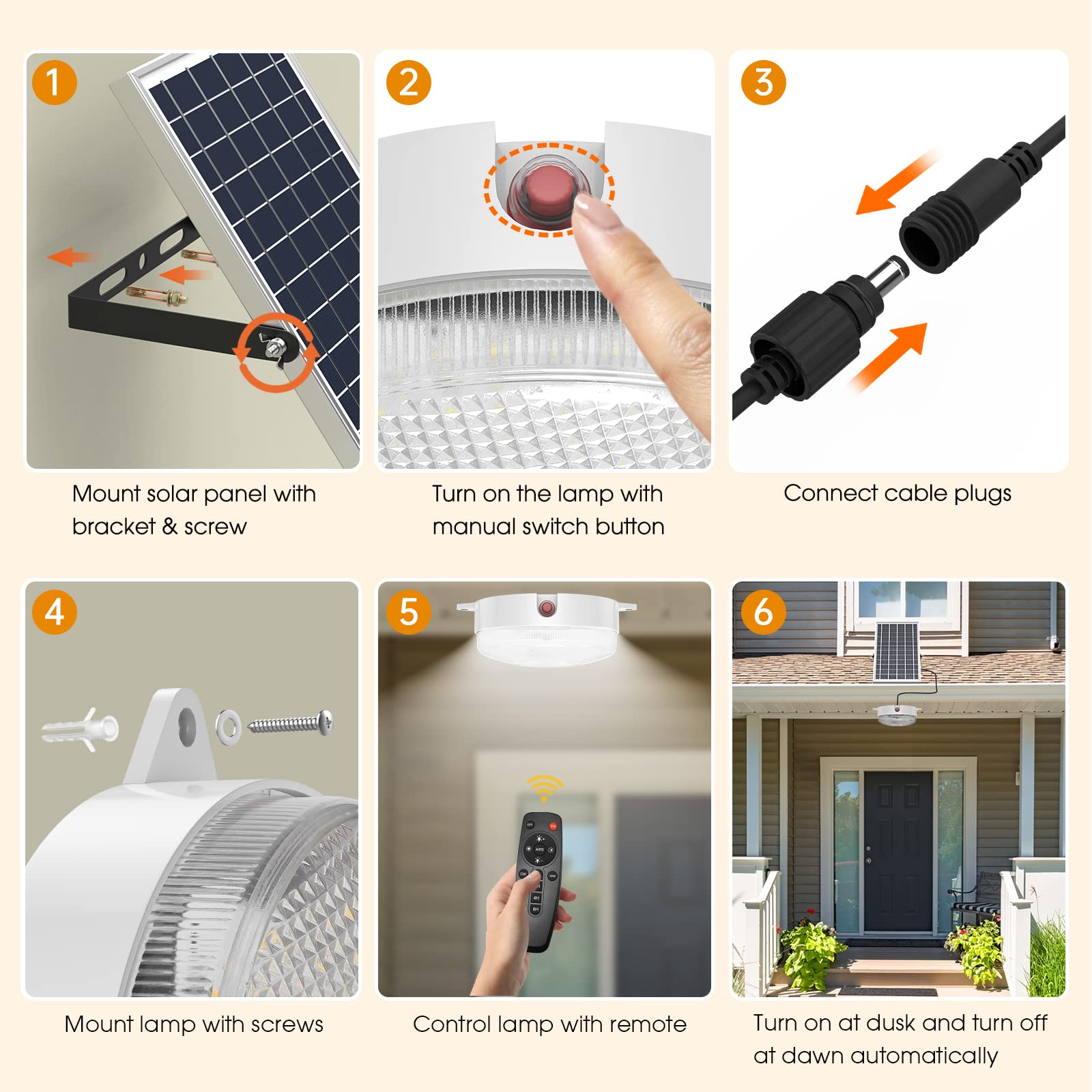 Solar Ceiling Light - Waterproof Dimmable LED Light (6000K/4000K/3200K) with Remote Control & On/Off Switch - Indoor Outdoor Barn Lighting for Garage, Shed, Chicken Coop, Patio & Backyard - Energy Efficient Solar Powered Lighting Solution