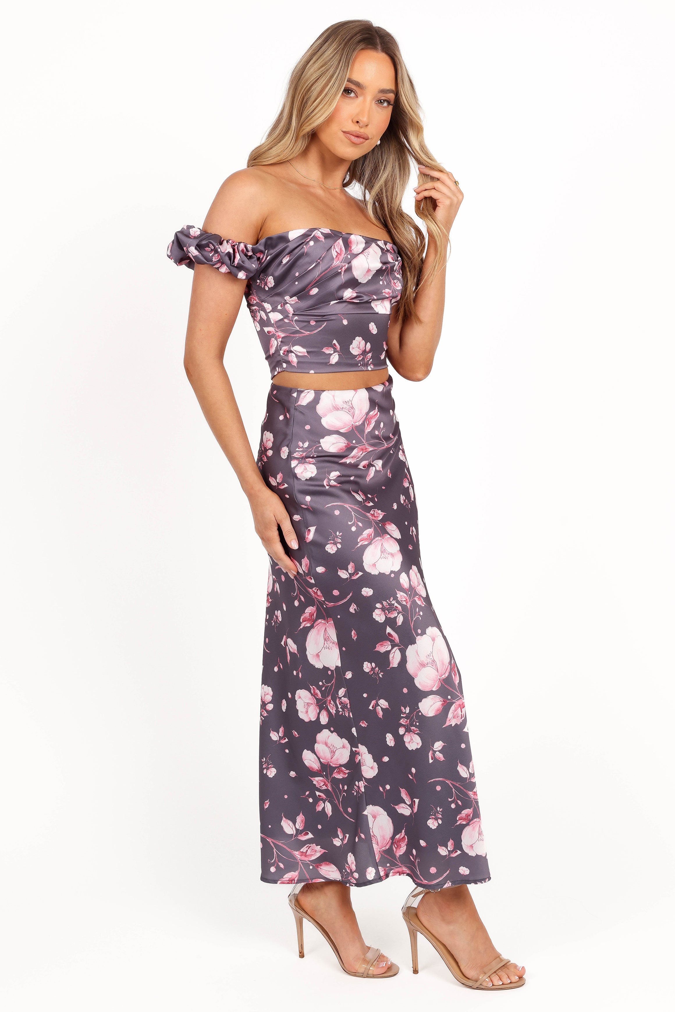 Arabella Two Piece Set - Steel Grey Floral Print Outfit | Women's Casual Summer Dress | Perfect for Beach Vacation, Brunch & Date Night