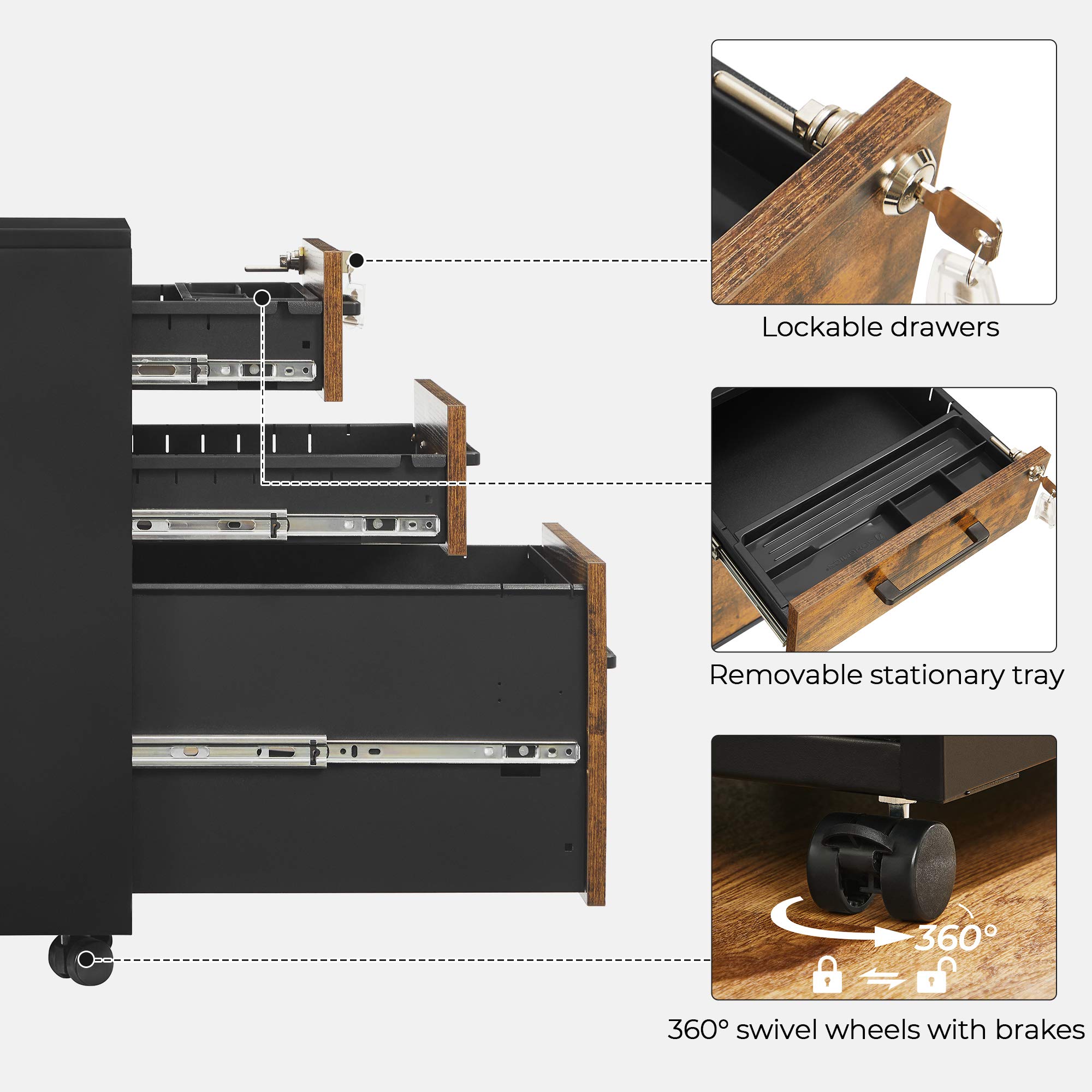 SONGMICS File Cabinet with Lock - Pre-Assembled Office Filing Cabinet for A4, Legal & Letter Size Documents - 17.7 x 14.4 x 23.6 Inches Rustic Brown & Black - Perfect for Home Office, Study Room & Workspace Organization (UOFC110B01V1)