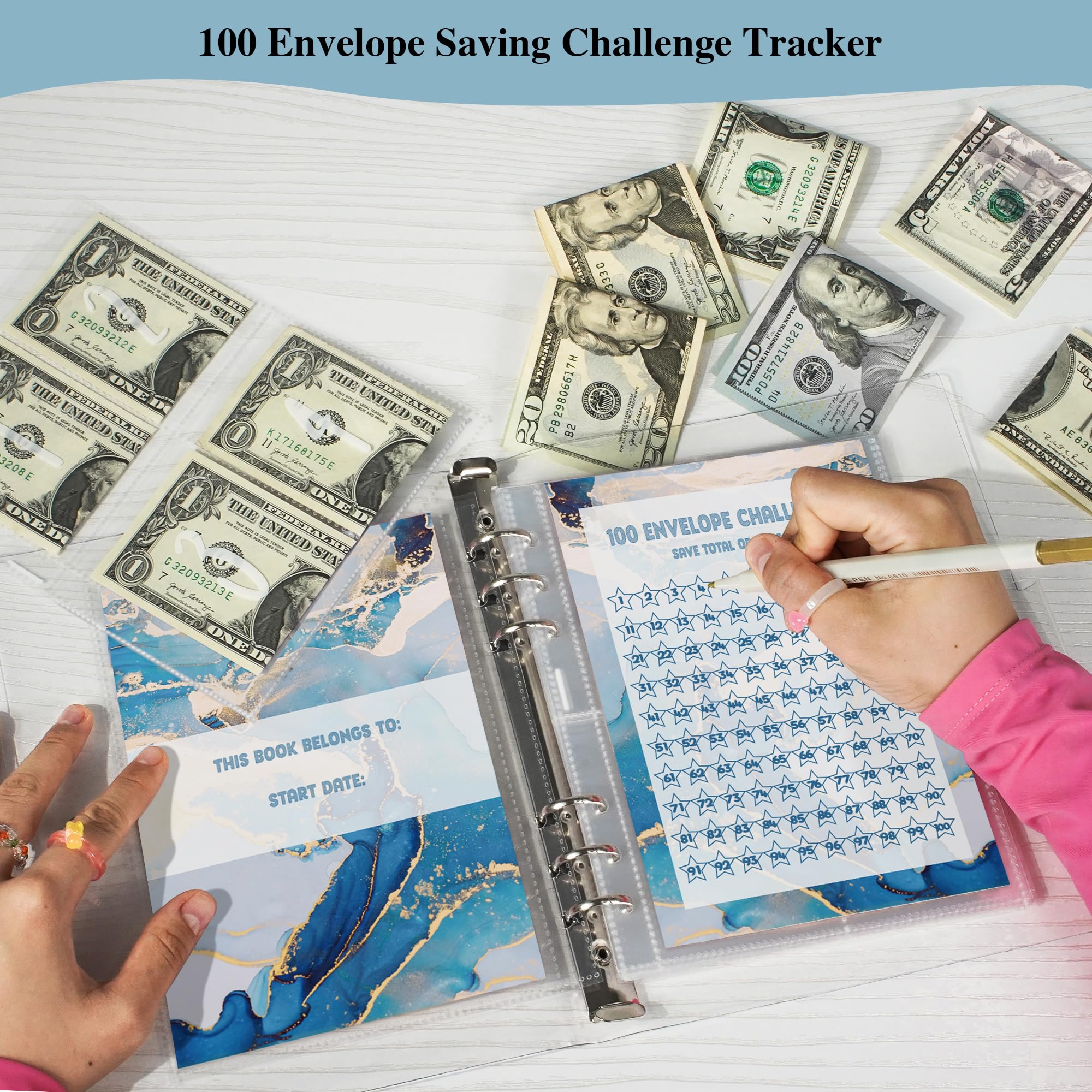 100 Envelope Savings Challenge Binder - Budget Planner & Money Saving Tracker for $5050 Goal | Daily Savings Organizer | Fun & Easy Financial Planning Tool | BlueMarble Design | Perfect for Home Budgeting, Personal Finance Management & Cash Envelope System
