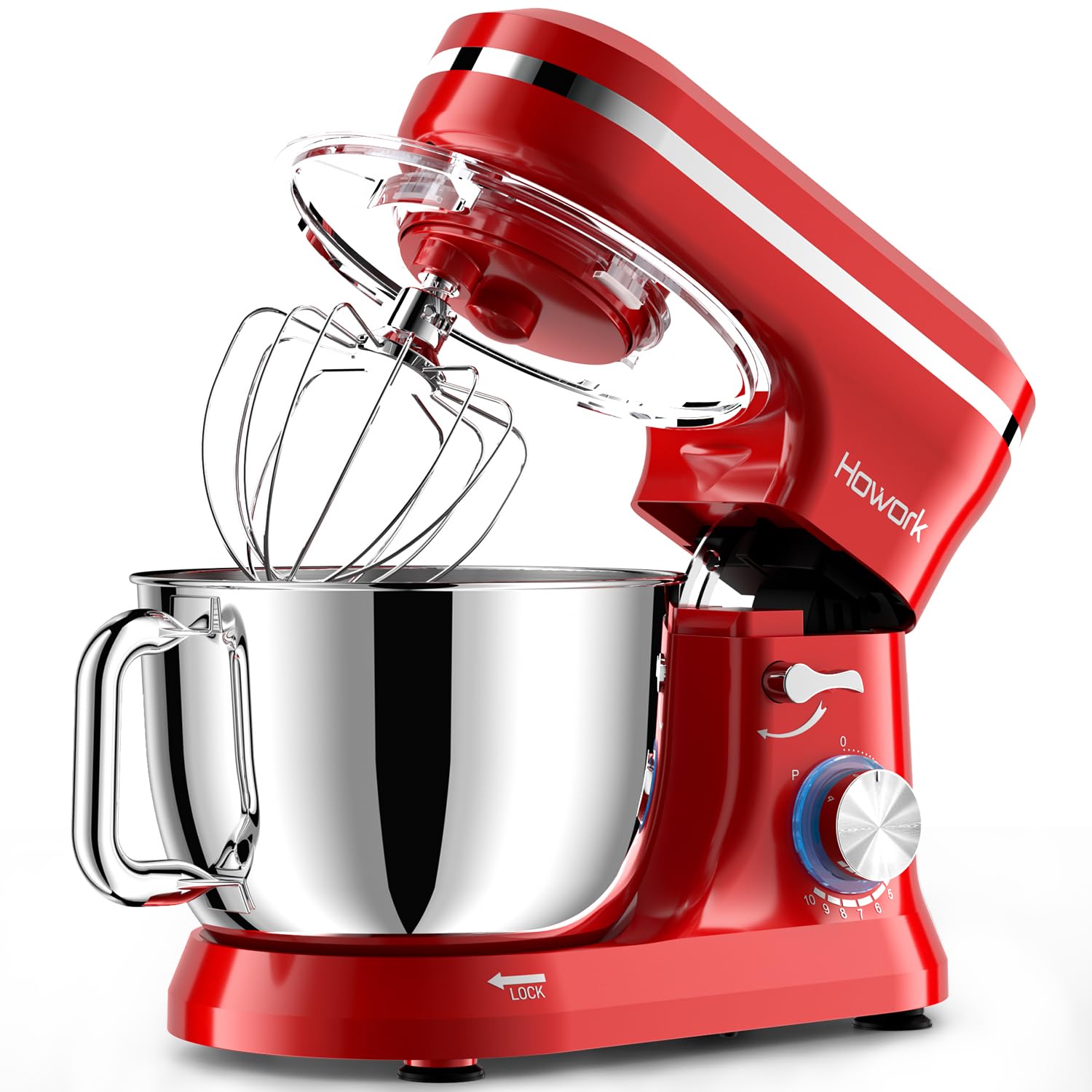 HOWORK 6.5QT Stand Mixer - 10+ Speed Electric Kitchen Mixer with Stainless Steel Bowl, Dough Hook, Wire Whip & Beater - Perfect for Baking, Cooking & Meal Prep - Ideal for Home Bakers & Cooking Enthusiasts (Bright Red)