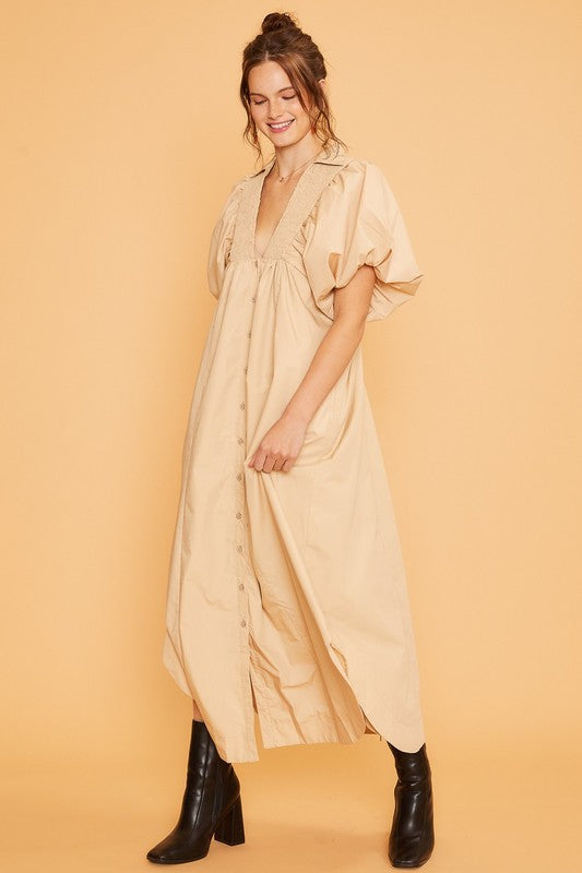Elegant Smocked Puff Sleeve Midi Dress for Women - Perfect for Resort Wear, Beach Vacations & Summer Parties