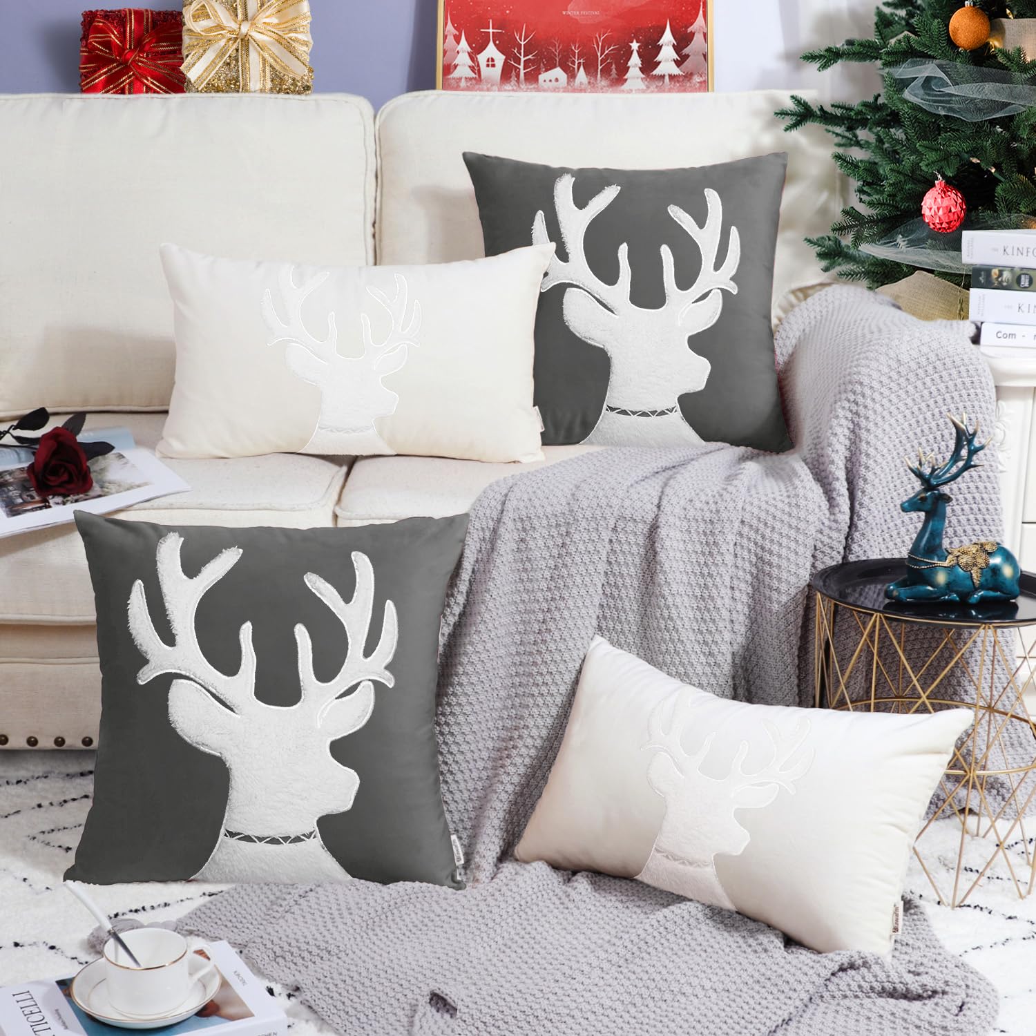 BRAWARM 18x18 Inch Gray Reindeer Embroidered Christmas Pillow Cover - Soft Velvet Decorative Throw Pillow for Couch, Bed, Sofa - Perfect for Holiday Home Decor & Cozy Winter Living Room Accents