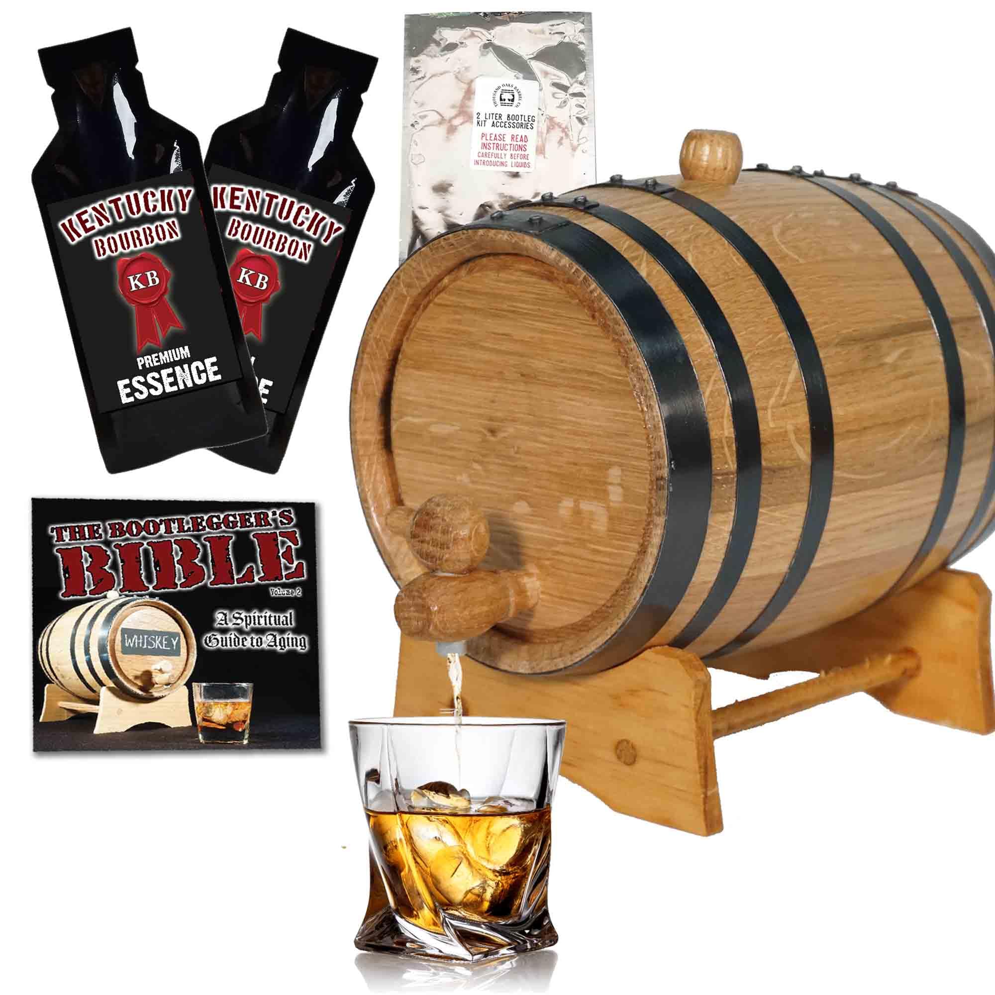 1 Gallon Kentucky Bourbon Whiskey Making Kit (5 Liter) - Mini Oak Aging Barrel with Wood Stand, Spigot & Flavoring Essence - Complete Cocktail & Liquor Aging Set - Perfect for Home Bar, Whiskey Gifts & DIY Spirit Maturation