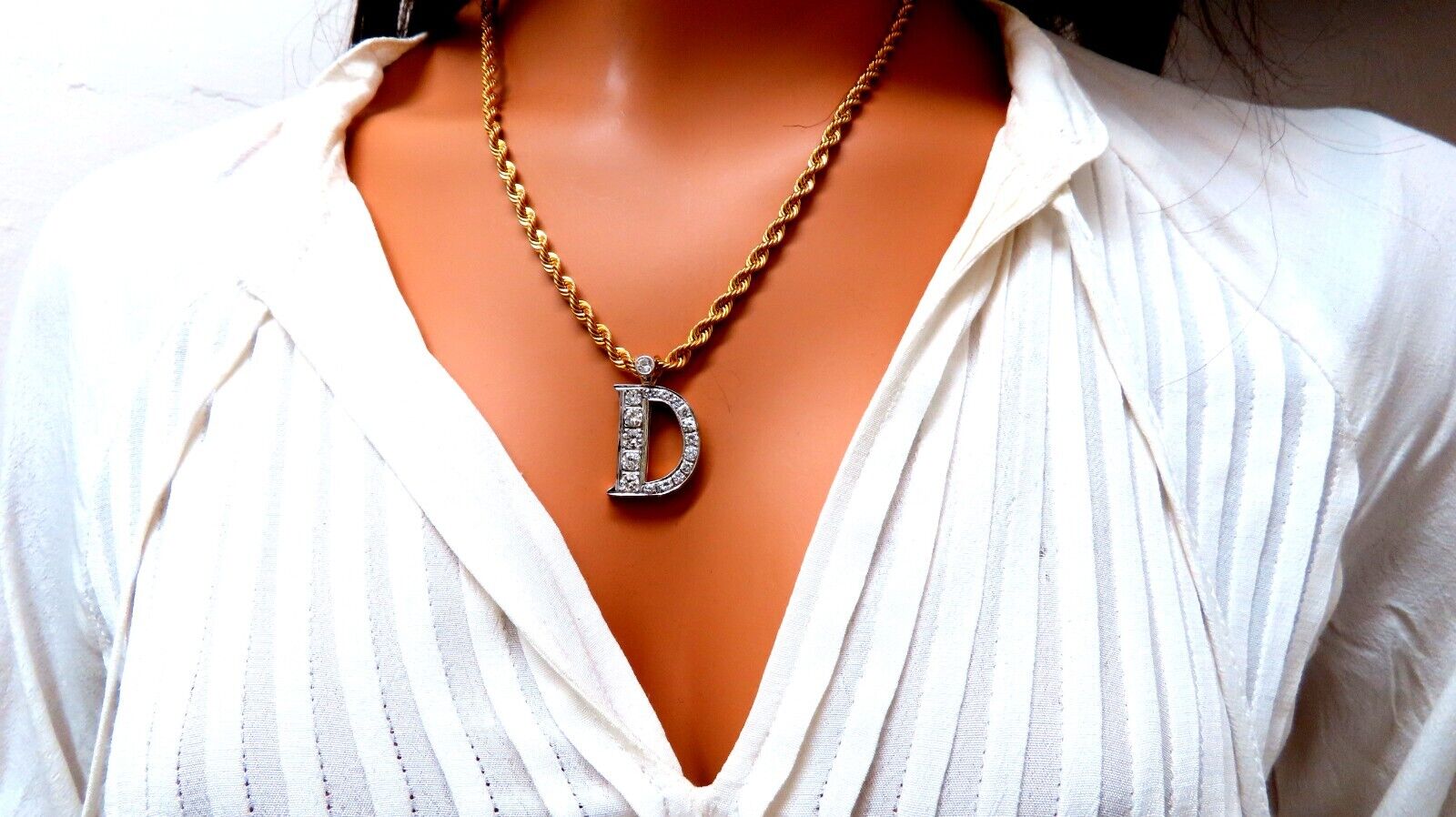 2 Carat Natural Diamond D Initial Necklace - 14K Gold Rope Chain - Elegant Personalized Jewelry Gift for Women, Birthday, Anniversary, Valentine's Day
