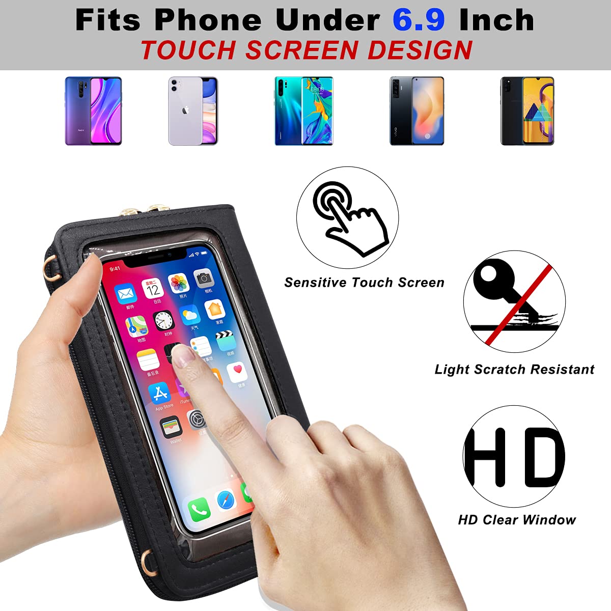 RFID Blocking Crossbody Phone Purse for Women - Touchable Phone Bag with Shoulder & Wrist Strap, Fits Phones Under 6.9 Inch - Perfect for Travel, Shopping & Daily Use