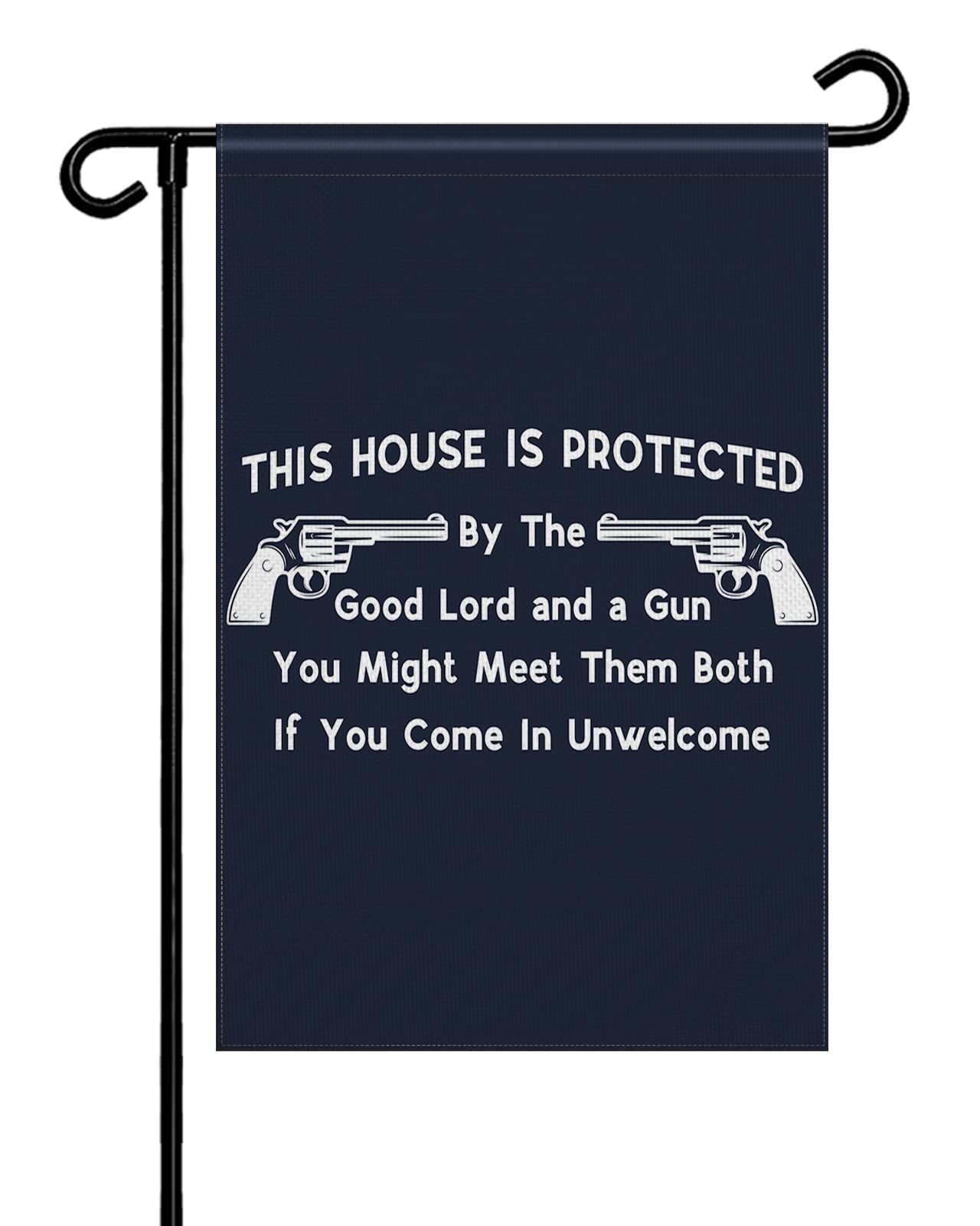 Seven Roses This House is Protected Double Sided Burlap Garden Flag - Navy Blue Welcome Banner with White Letters, 28x40 Inch Seasonal Vertical Yard Decoration for Patio, Lawn & Outdoor Spaces | Perfect for Front Porch, Garden Entry & Home Security Display