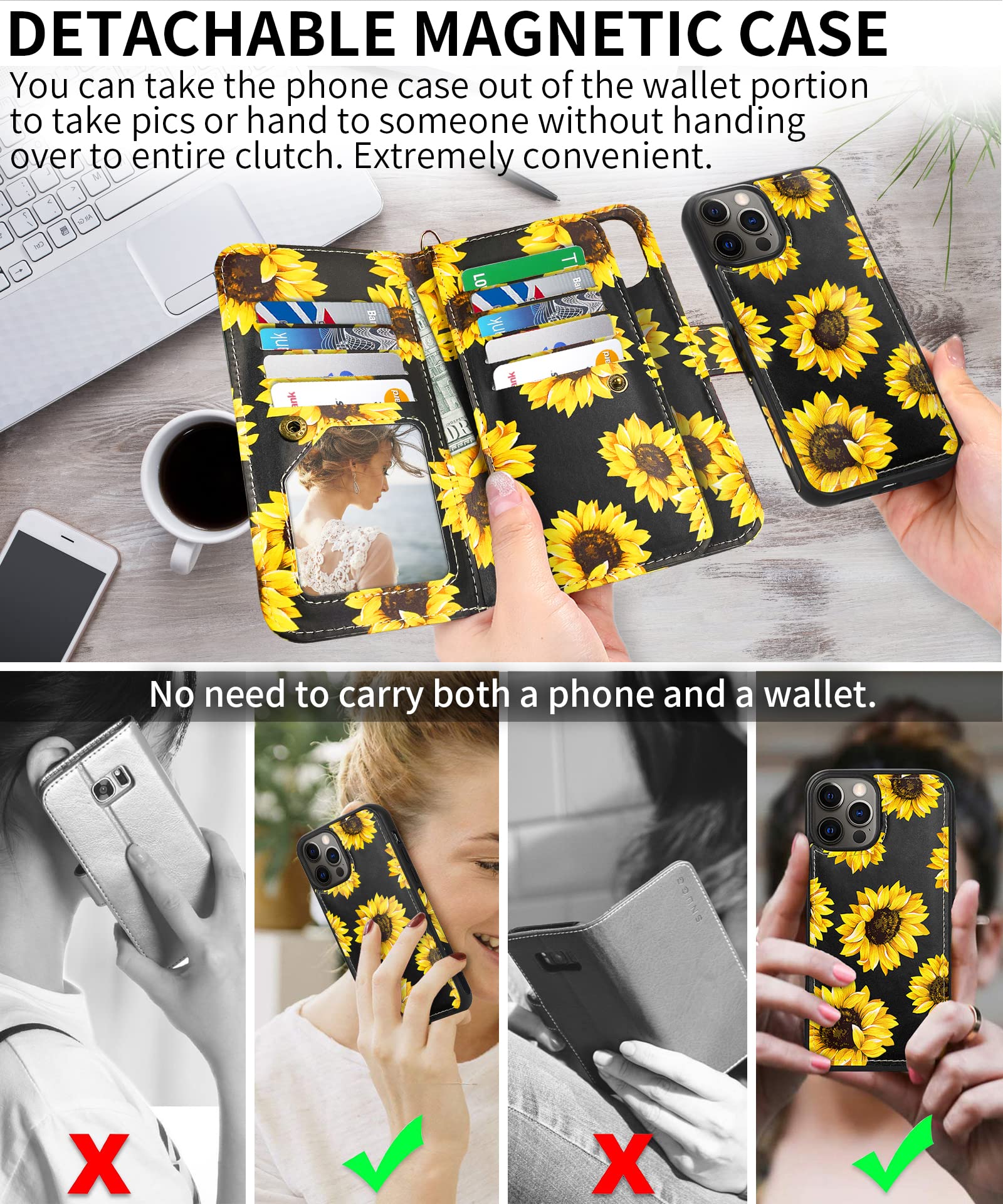 Premium Magnetic Detachable Leather Wallet Case for iPhone 12 Pro Max - Folio Design with Hand Strap & 9 Card Slots (Sunflower Pattern) | Women's Fashion Phone Case for Daily Use, Travel & Business Meetings