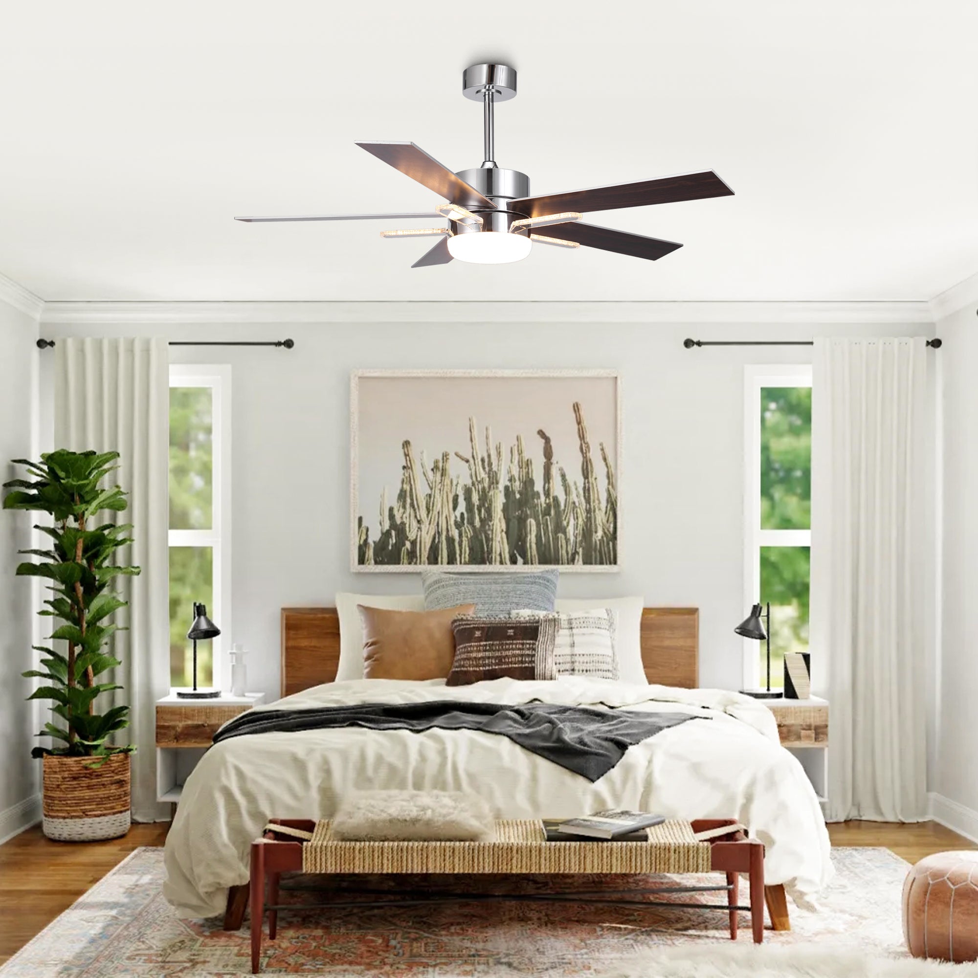 52 Inch Modern Ceiling Fan with Double-Sided Blades, Downrod Mount & Main/Side LED Lights - Perfect for Living Room, Bedroom, and Outdoor Patio Cooling