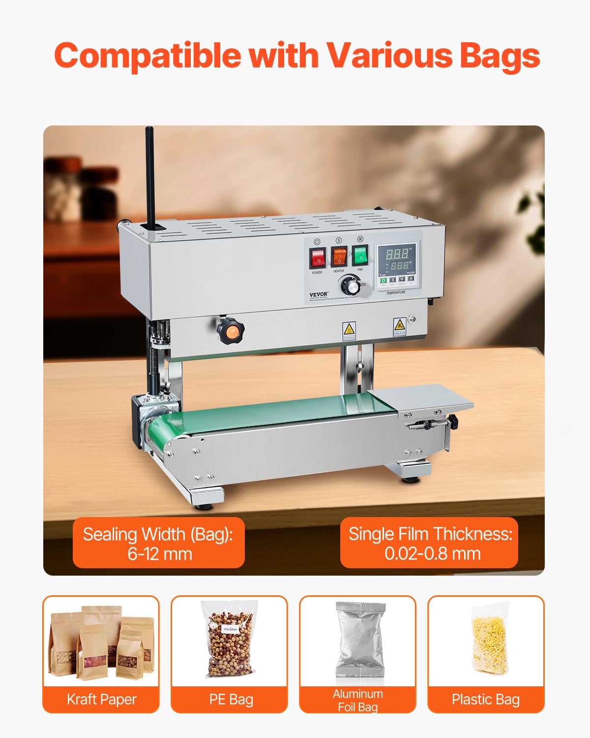 VEVOR Continuous Bag Band Sealing Machine - 6-12mm Seal Width, Digital Temperature Control, Stainless Steel Vertical Sealer for 0.02-0.8mm Plastic Bags & Films - Perfect for Food Packaging, Retail & Industrial Use