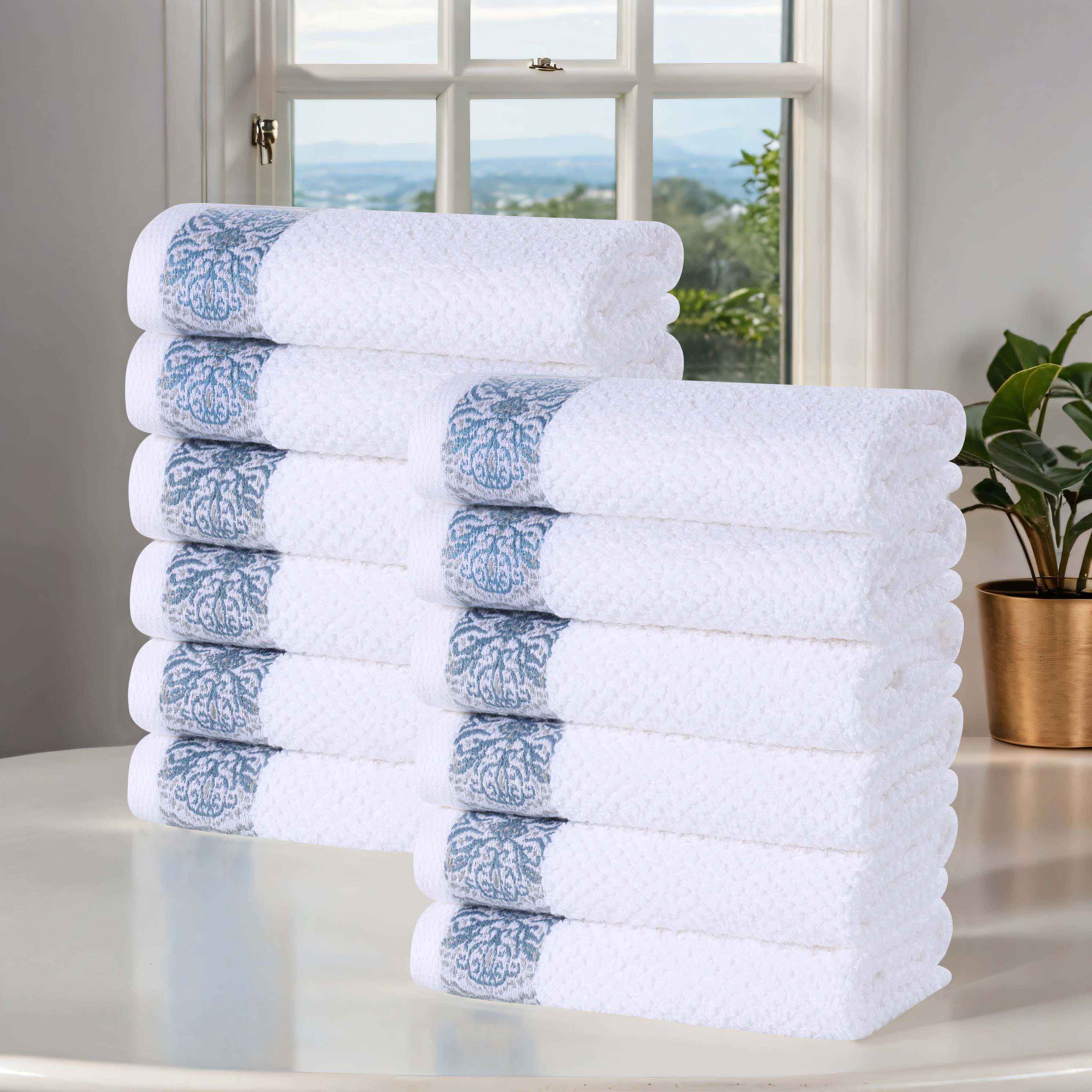 Premium Medallion Cotton Jacquard Textured Face Towels & Washcloths Set of 12 - Soft Bath Towels for Spa, Gym & Luxury Home Use