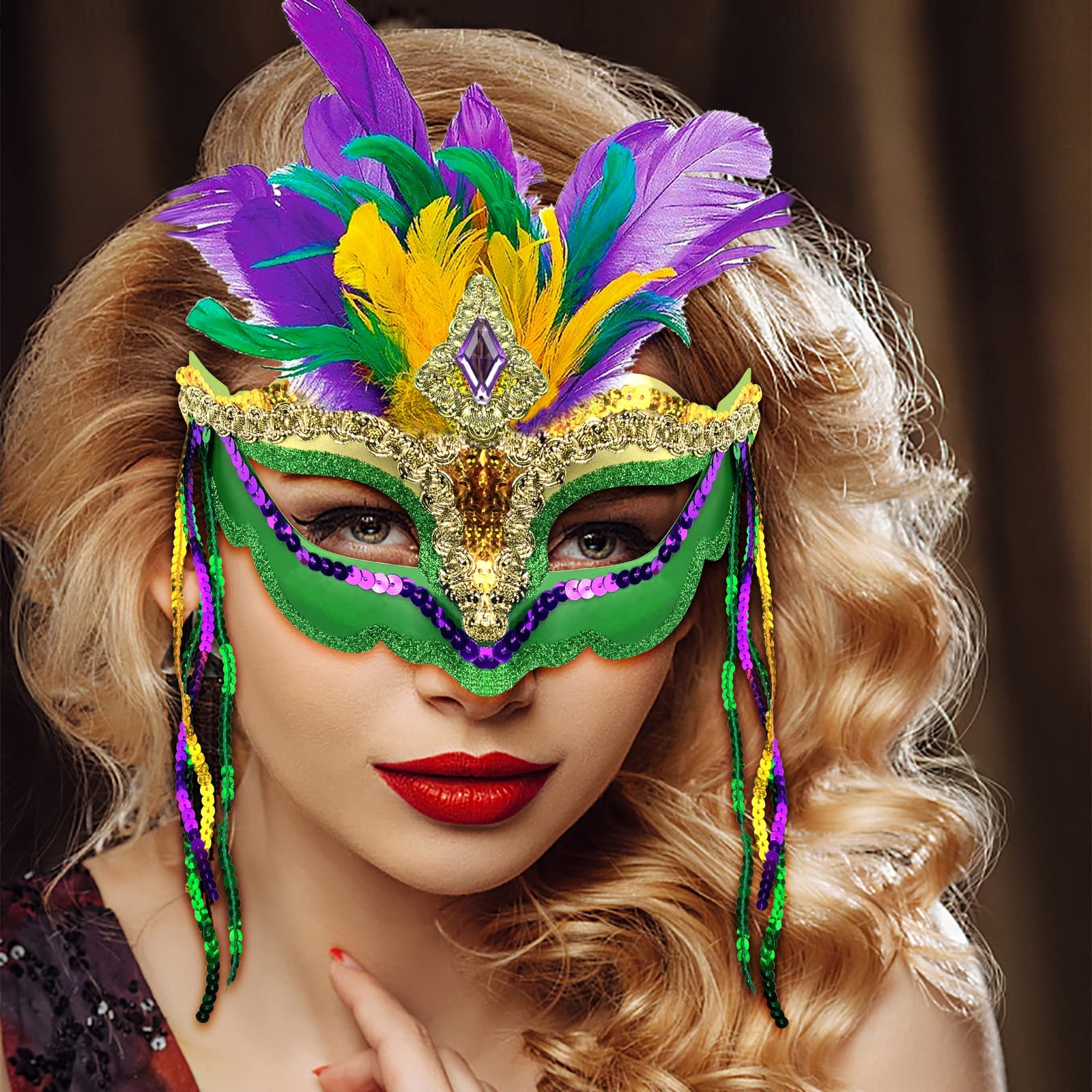 QLINLEAF Mardi Gras Mask - Feather Masquerade Venetian Carnival Mask for Women, Halloween Costume Accessory, Cosplay Party Mask - Perfect for Mardi Gras Balls, Venetian Carnivals, Halloween Parties & Costume Events