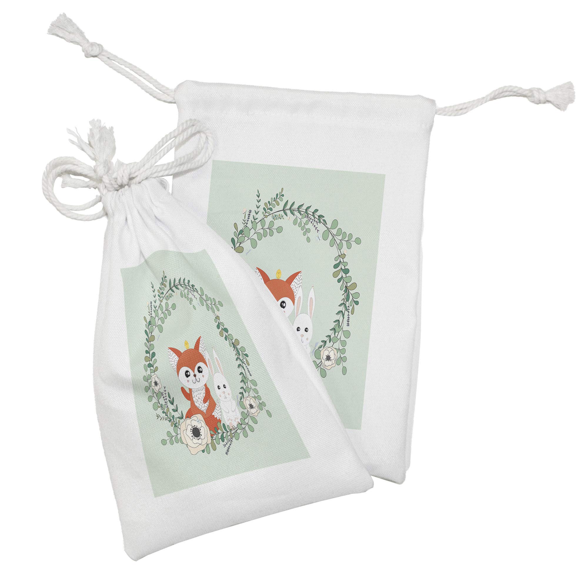 Ambesonne 2-Pack Cartoon Animal Drawstring Pouches - Rabbit & Fox Floral Design Small Fabric Bags (9