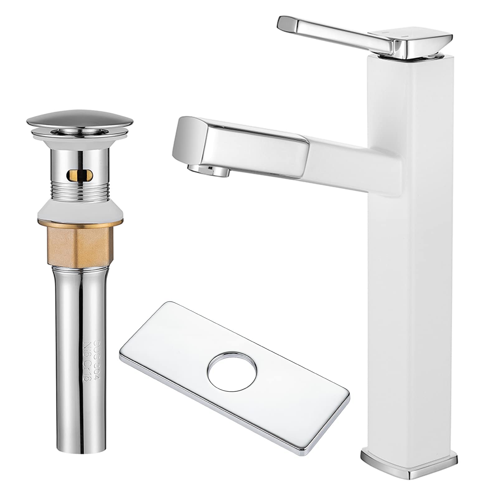 KAIYING Pull Down Vessel Sink Faucet with Pop Up Drain - Tall Chrome & White Bathroom Faucet with Overflow, 6