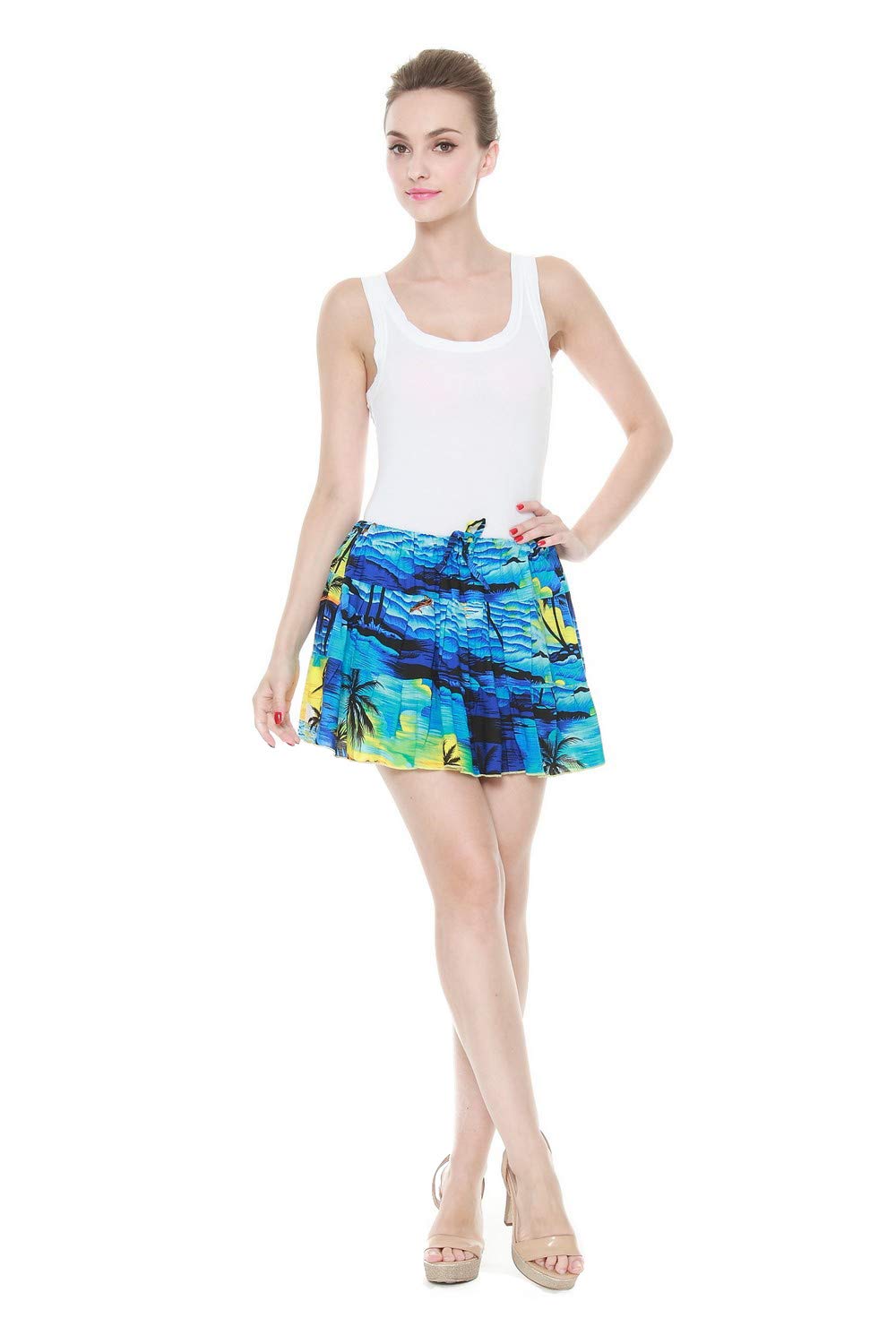 Women's Hawaiian Three-Tiered Crinkled Mini Skirt in Sunset Blue - Tropical Beach Vacation Outfit for Summer & Luau Party