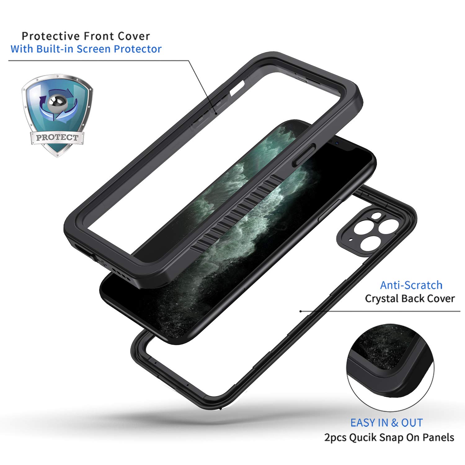 **Lanhiem iPhone 11 Pro Max Case - IP68 Waterproof & Dustproof Heavy Duty Full Body Protection with Built-in Screen Protector, Clear Back Phone Cover (Black) - Perfect for Outdoor, Sports & Extreme Activities**