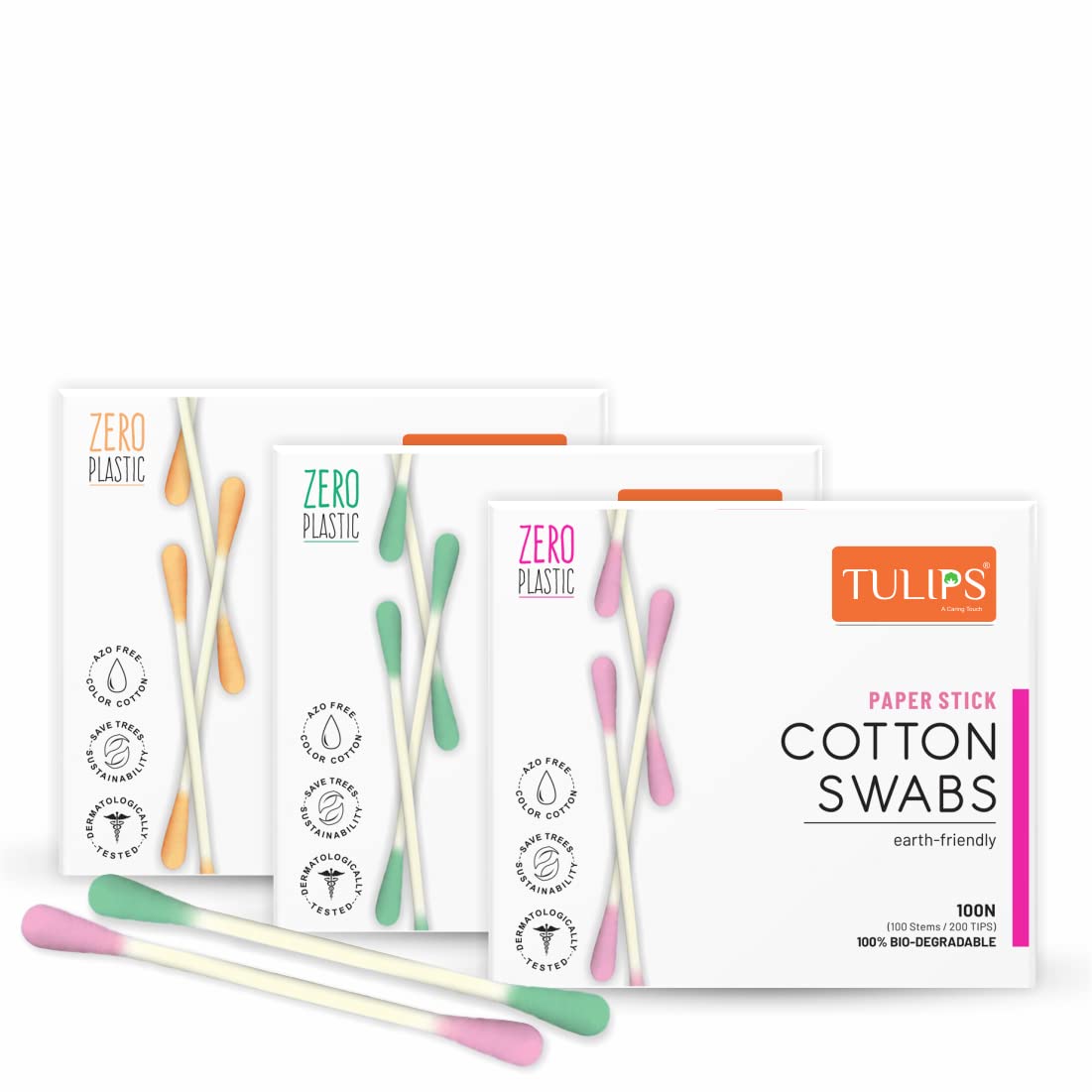 TULIPS Cotton Swabs 4-Pack - 100/200 Tips, Multicolor, White Paper Stick, Eco-Friendly Ear Buds for Makeup, Cleaning & First Aid | Travel & Home Use