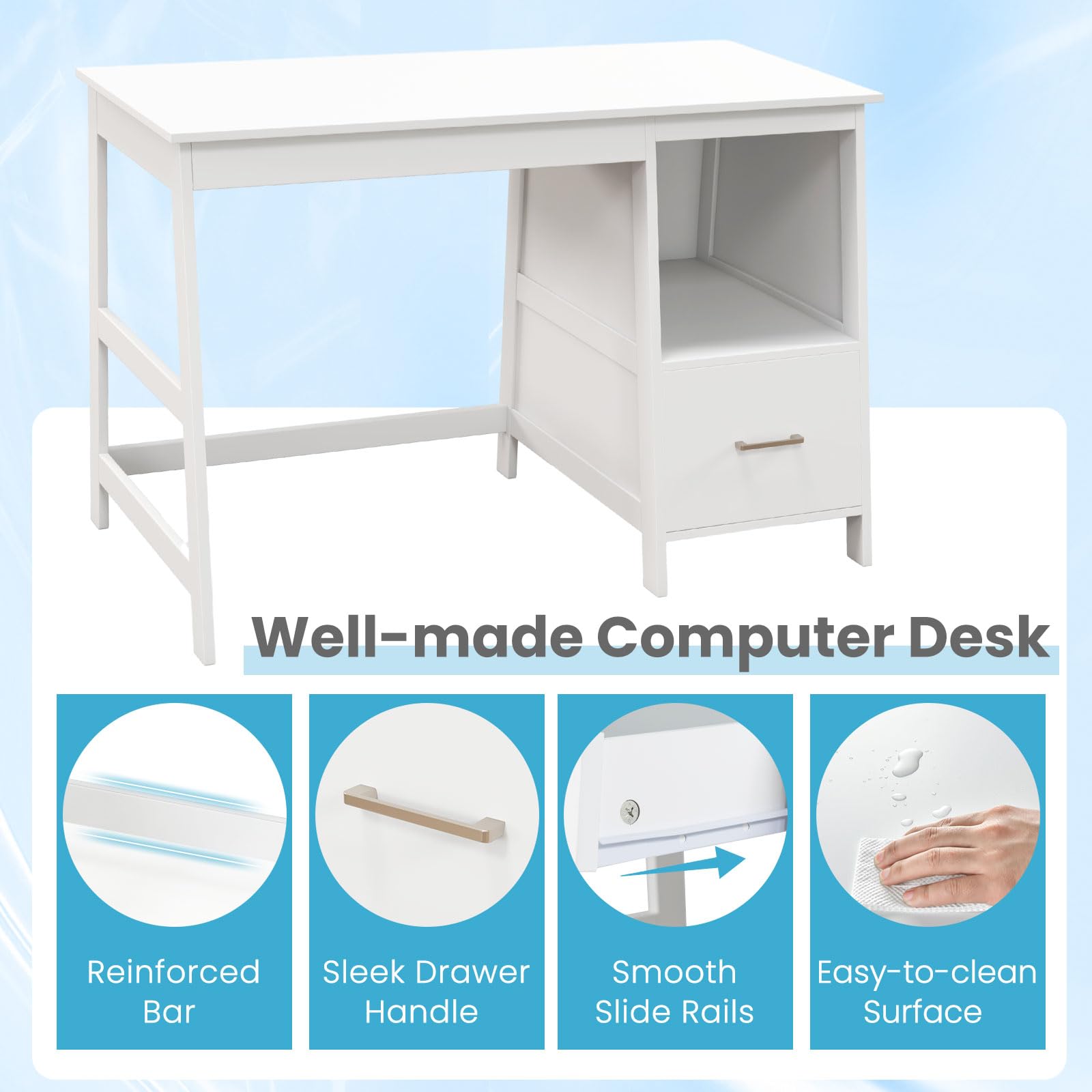 Tangkula White Modern Study Desk with Drawers - Small Computer Desk for Home Office, Writing Desk with Storage Space, Student Desk & Makeup Vanity Table for Bedroom - Perfect for Remote Work, Online Classes & Beauty Routines (White)