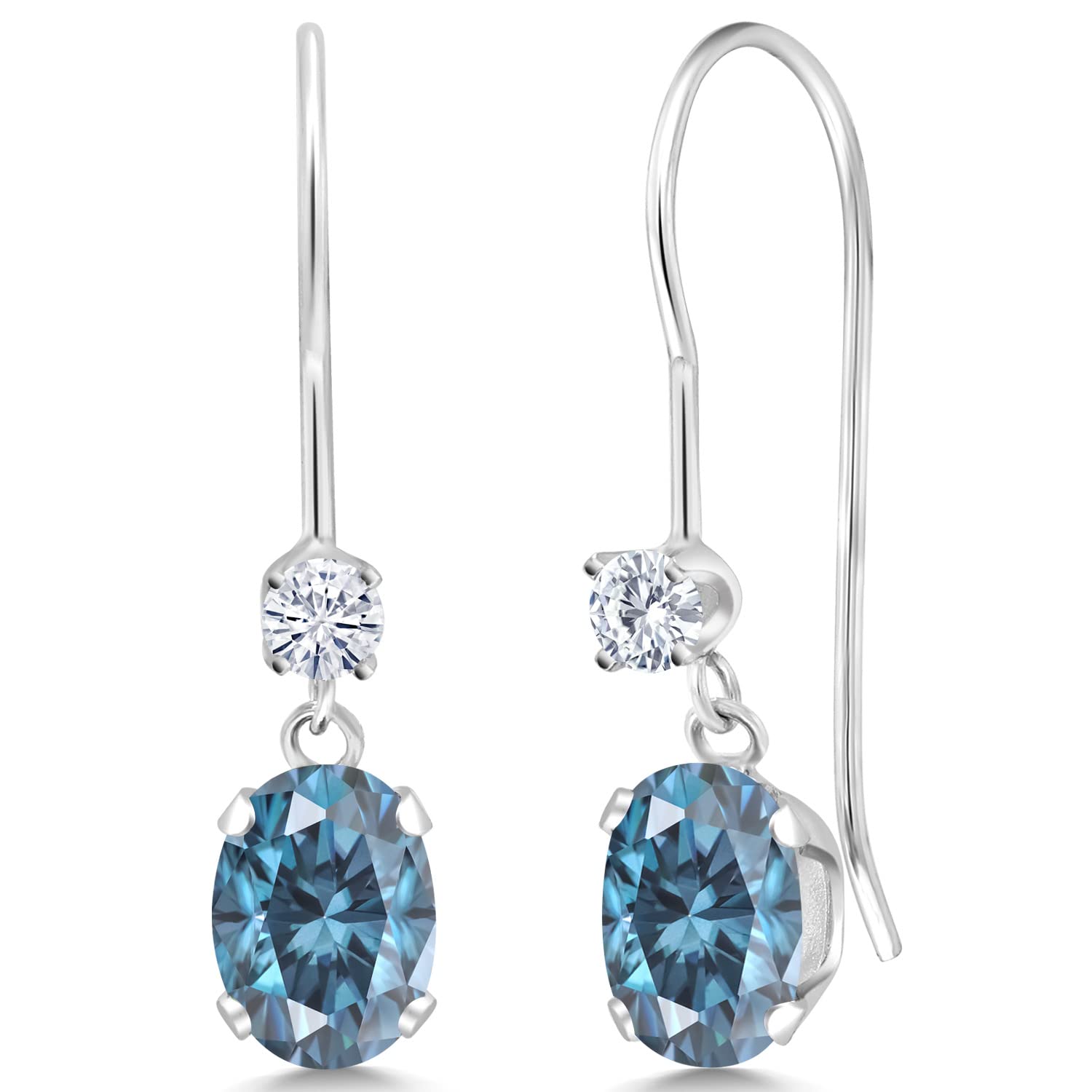 14K White Gold Dangle Earrings with Oval Persian Blue Moissanite & Classic Moissanite (1.02 Cttw) | Charles & Colvard | Elegant Jewelry for Weddings, Parties & Special Occasions