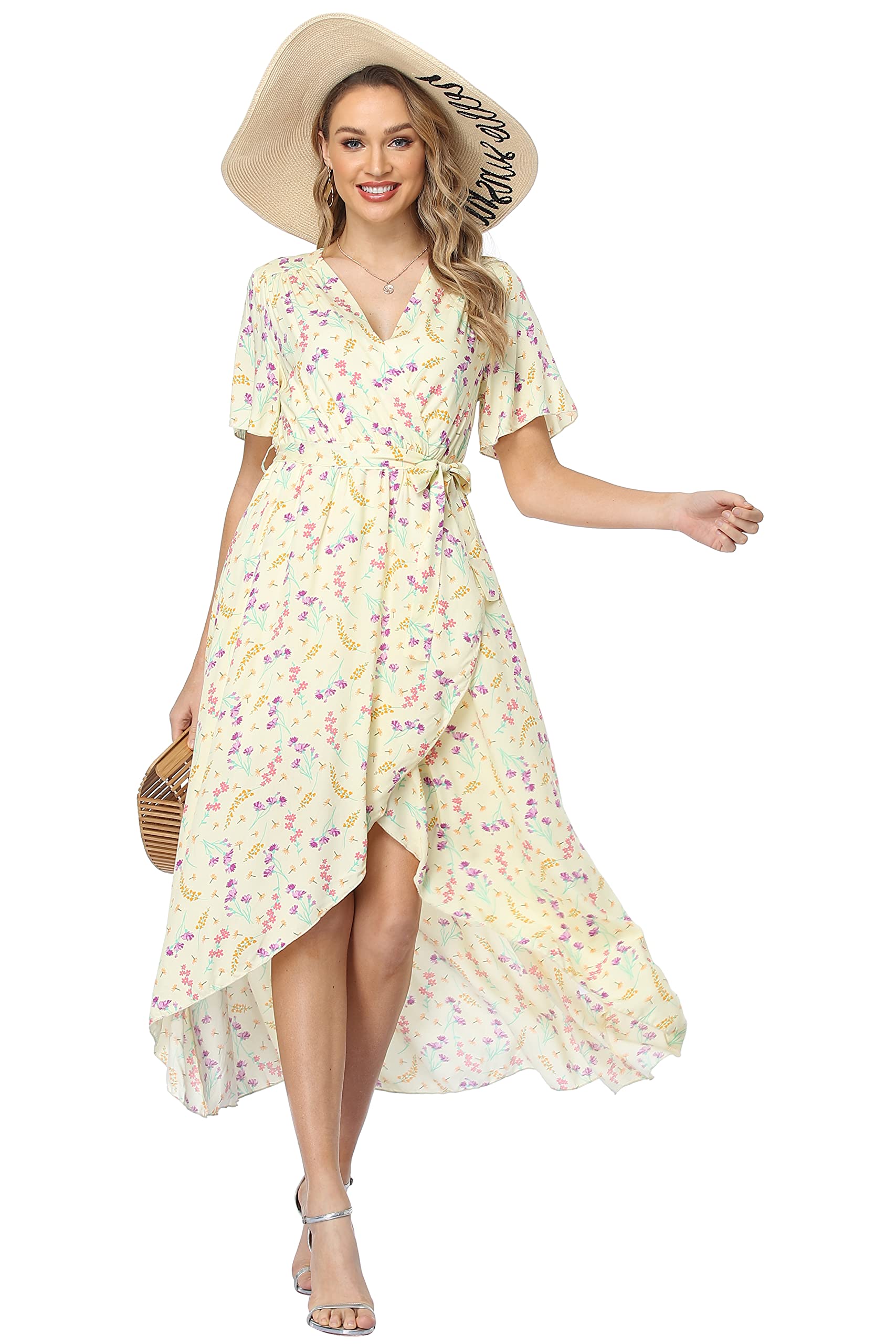 Vintage Women's Floral Wrap Dress V-Neck High-Low Maxi Summer Casual Dress for Beach, Vacation & Boho Style Outfits