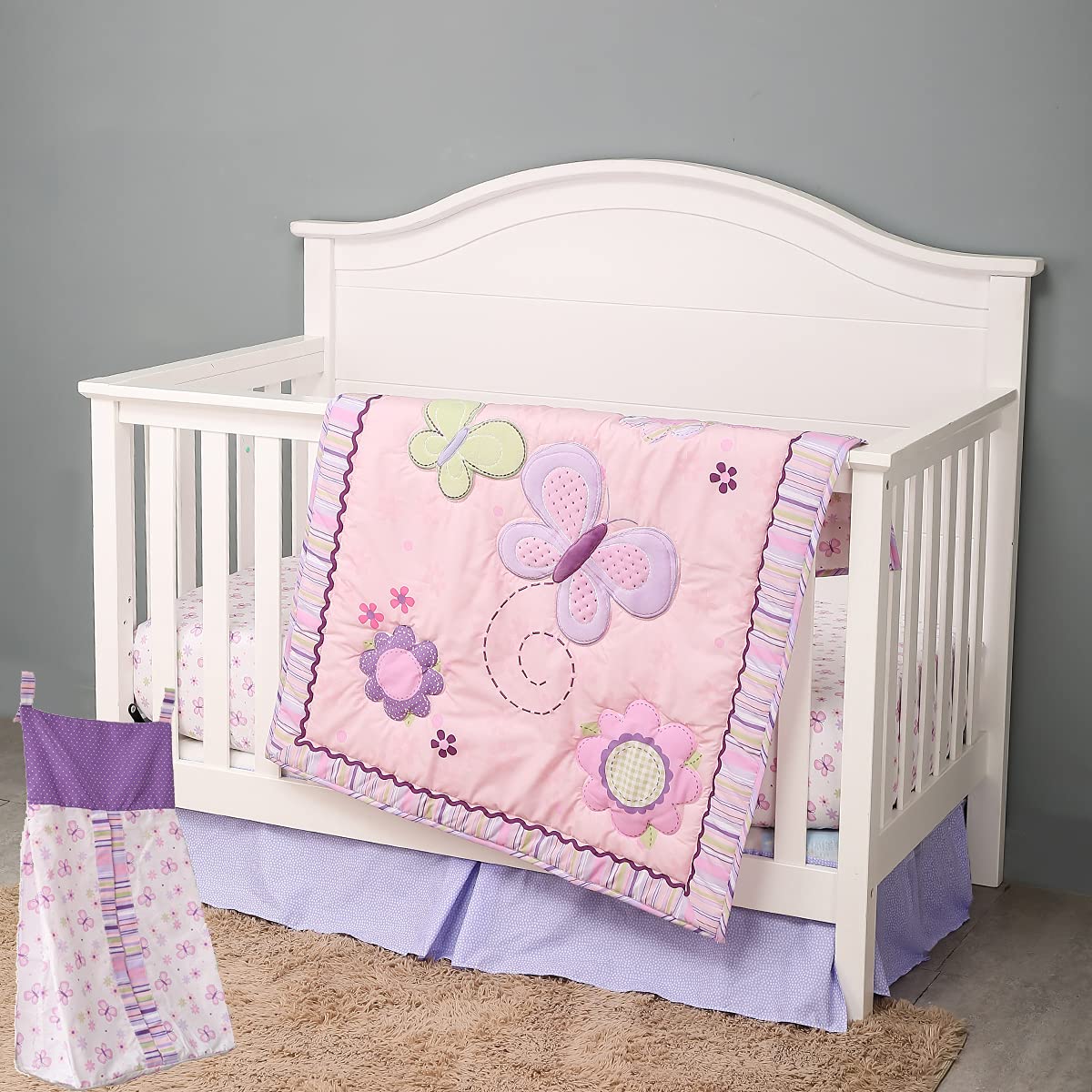 4-Piece Pink Butterfly Embroidery Nursery Crib Bedding Set - 1 Quilt, 1 Fitted Sheet, 1 Skirt & 1 Diaper Storage Bag - Soft Baby Girl Cot Bedding for Newborns & Toddlers - Perfect for Nursery Decor, Baby Showers & Gift Giving
