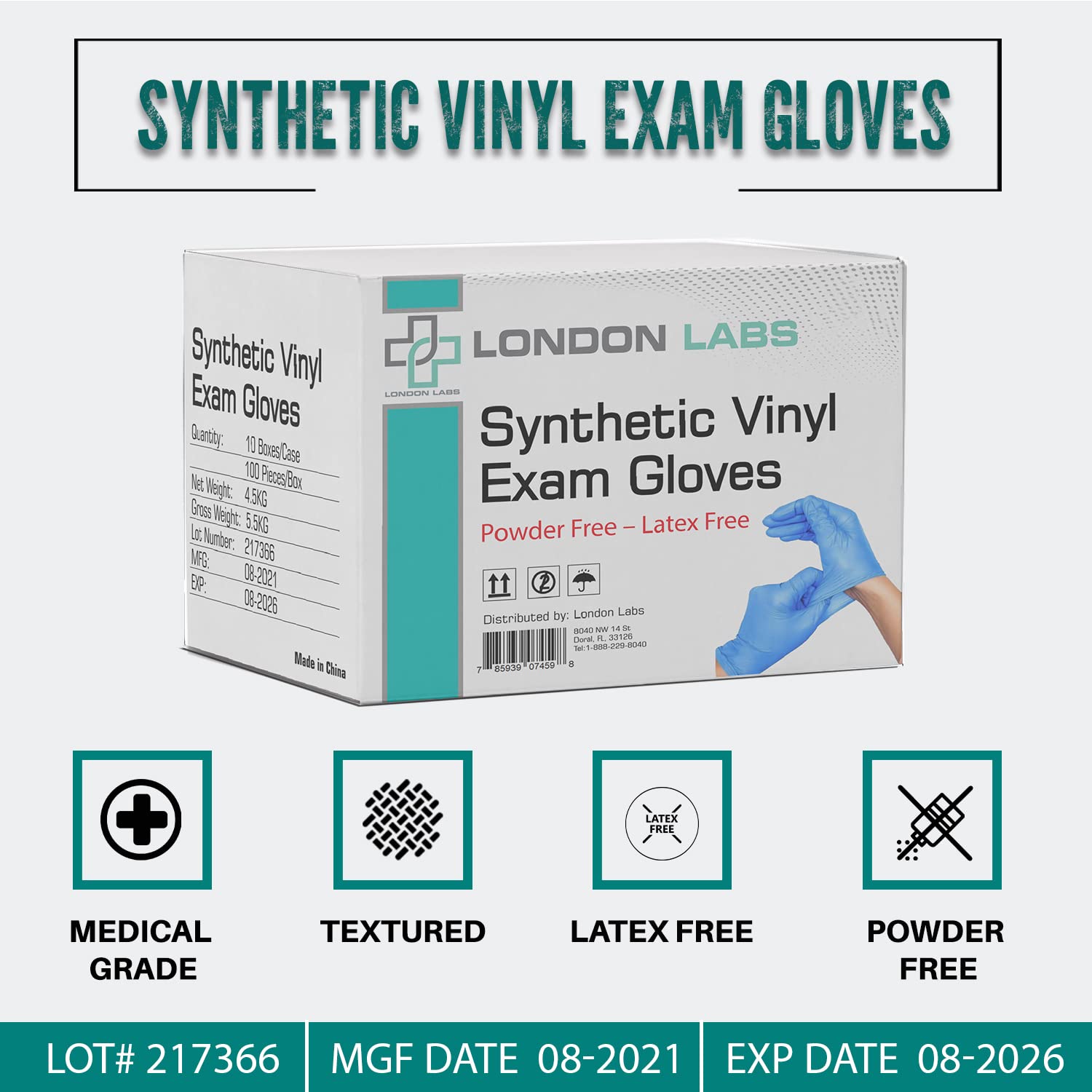 1000 Pack Synthetic Vinyl Exam Gloves - Latex Free, Powder Free Disposable Gloves for Medical, Dental, Tattoo & Cleaning Use