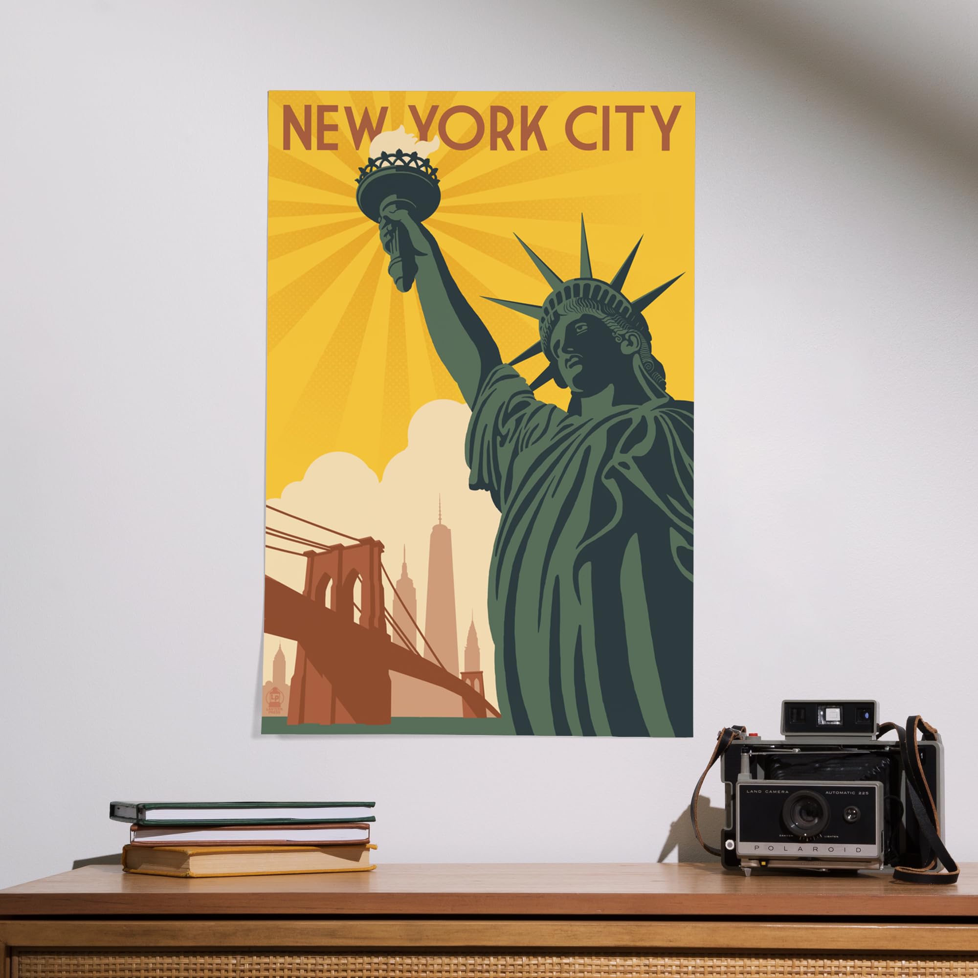 Lantern Press 16x24 Inch Giclee Art Print - New York City Skyline with Statue of Liberty and Bridge | Premium Wall Decor for Living Room, Office & Home