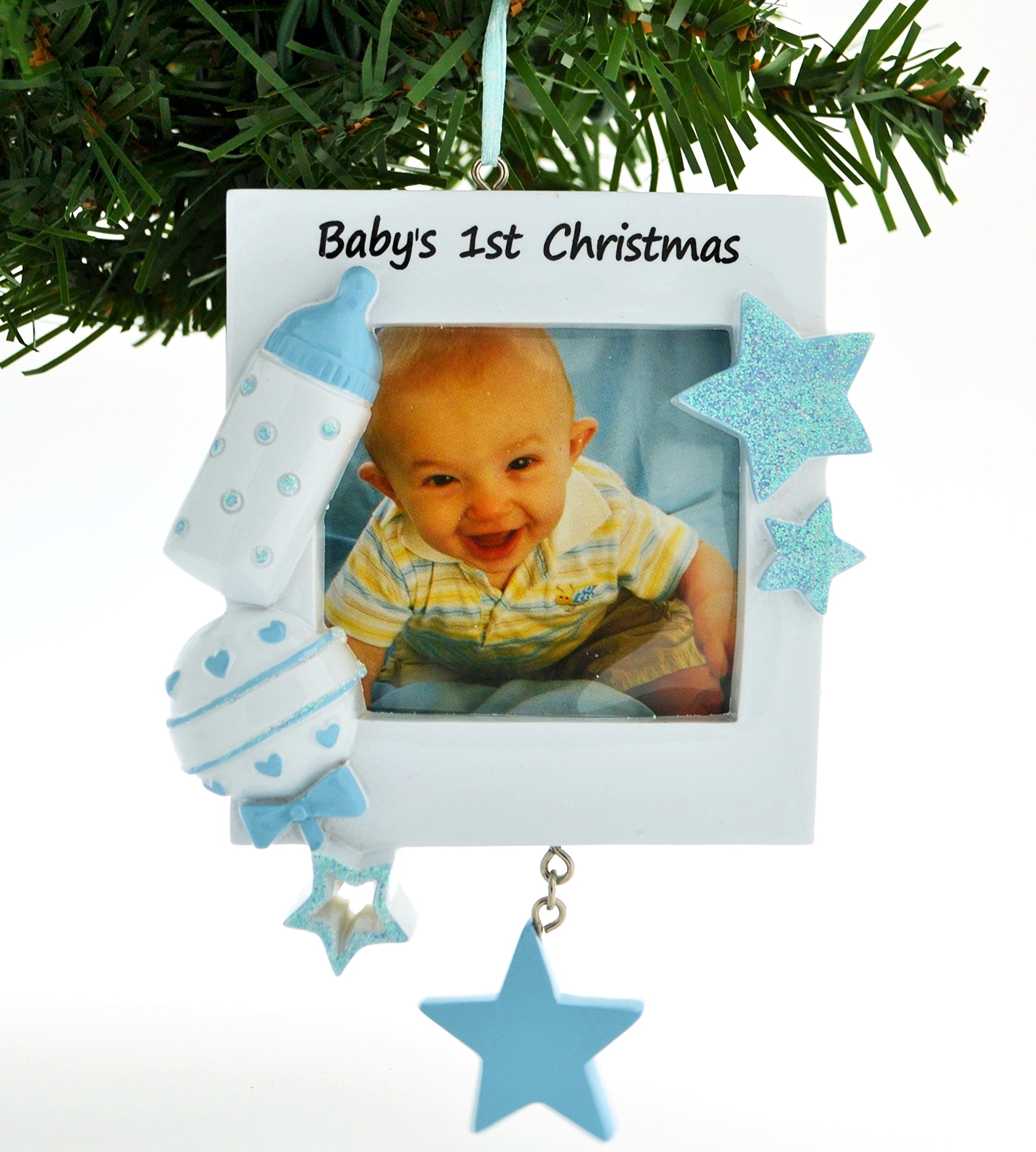 Personalized Baby Boy's First Christmas Picture Frame Ornament - Blue Keepsake for Newborn Photo - Perfect for Holiday Decor, Baby Shower Gifts & Memory Keepsakes