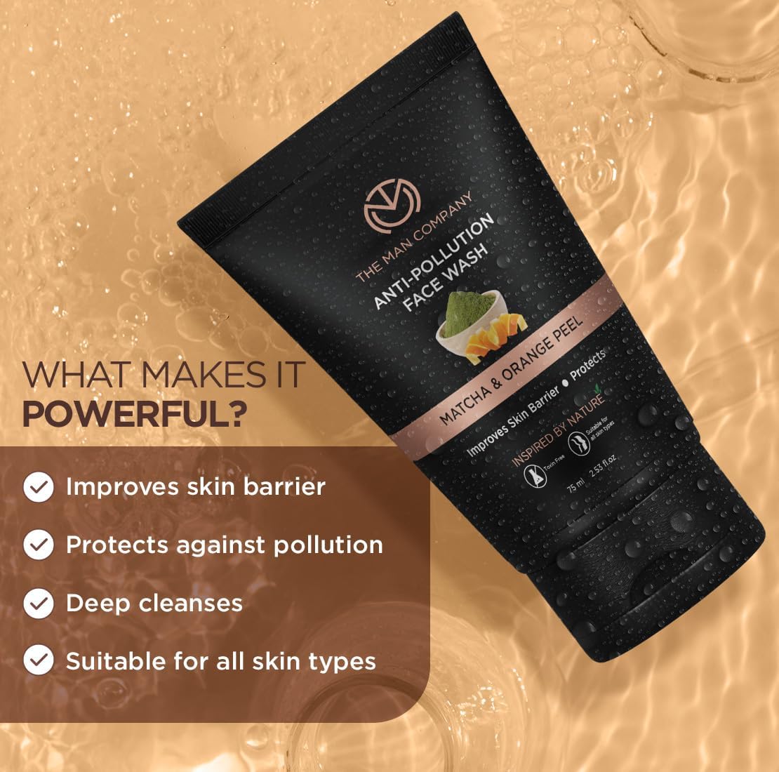 The Man Company Anti-Pollution Face Wash for Men - 75ml | Deep Cleansing Formula Removes Dirt, Impurities & Fights Blackheads, Whiteheads, Acne | Enriched with Orange Peel & Matcha Extract | Reduces Dark Spots & Pimples | Perfect for Daily Skincare Routine & Urban Lifestyle Protection