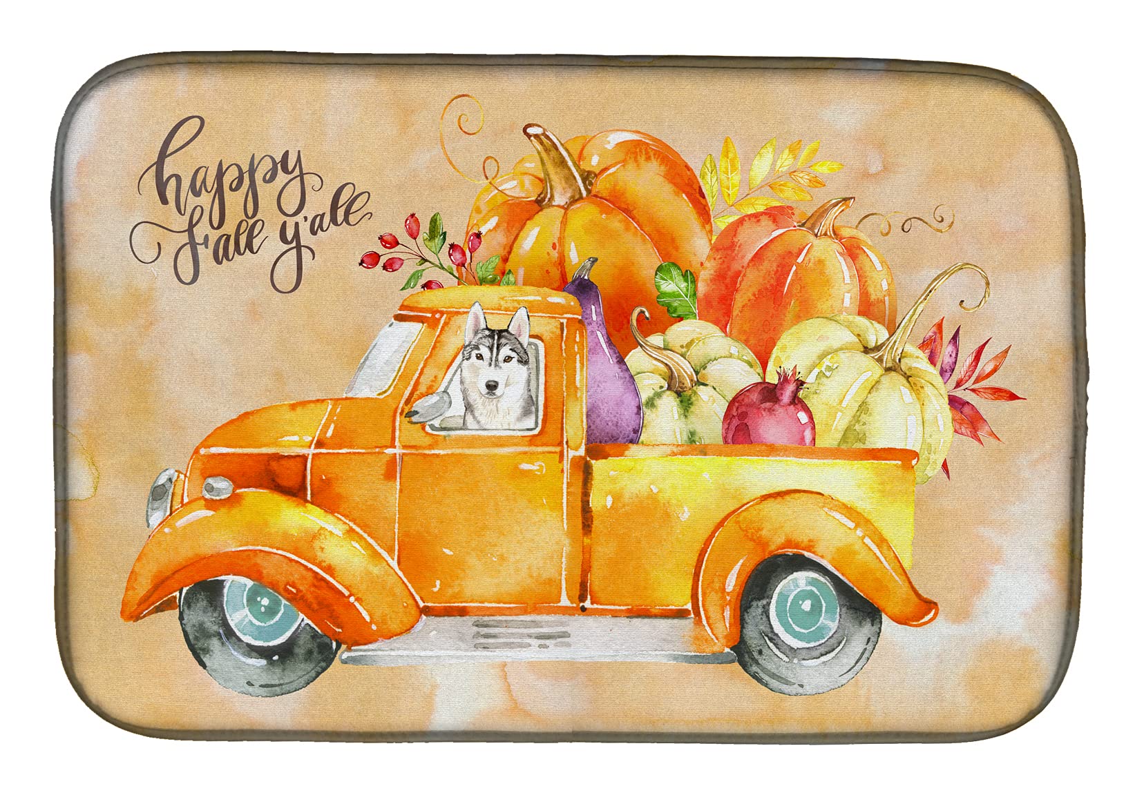 Fall Harvest Siberian Husky Dish Drying Mat - Absorbent Kitchen Counter Mat for Dishes (14x21