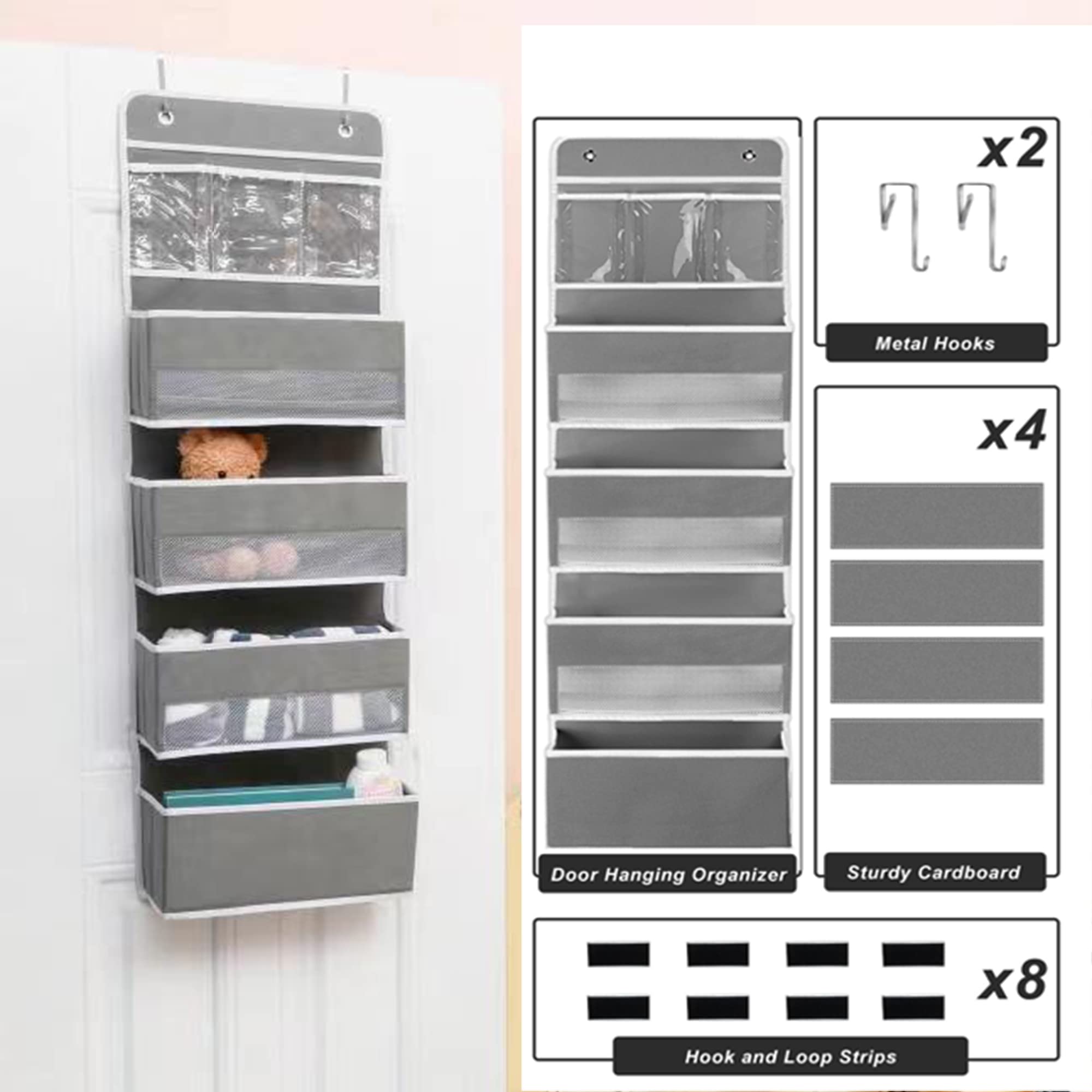 Sturdy Over The Door Hanging Organizer with Clear Pockets - Grey Wall Mounted File Storage for Home Office, Dorm Room & Closet Organization (1 Pack)