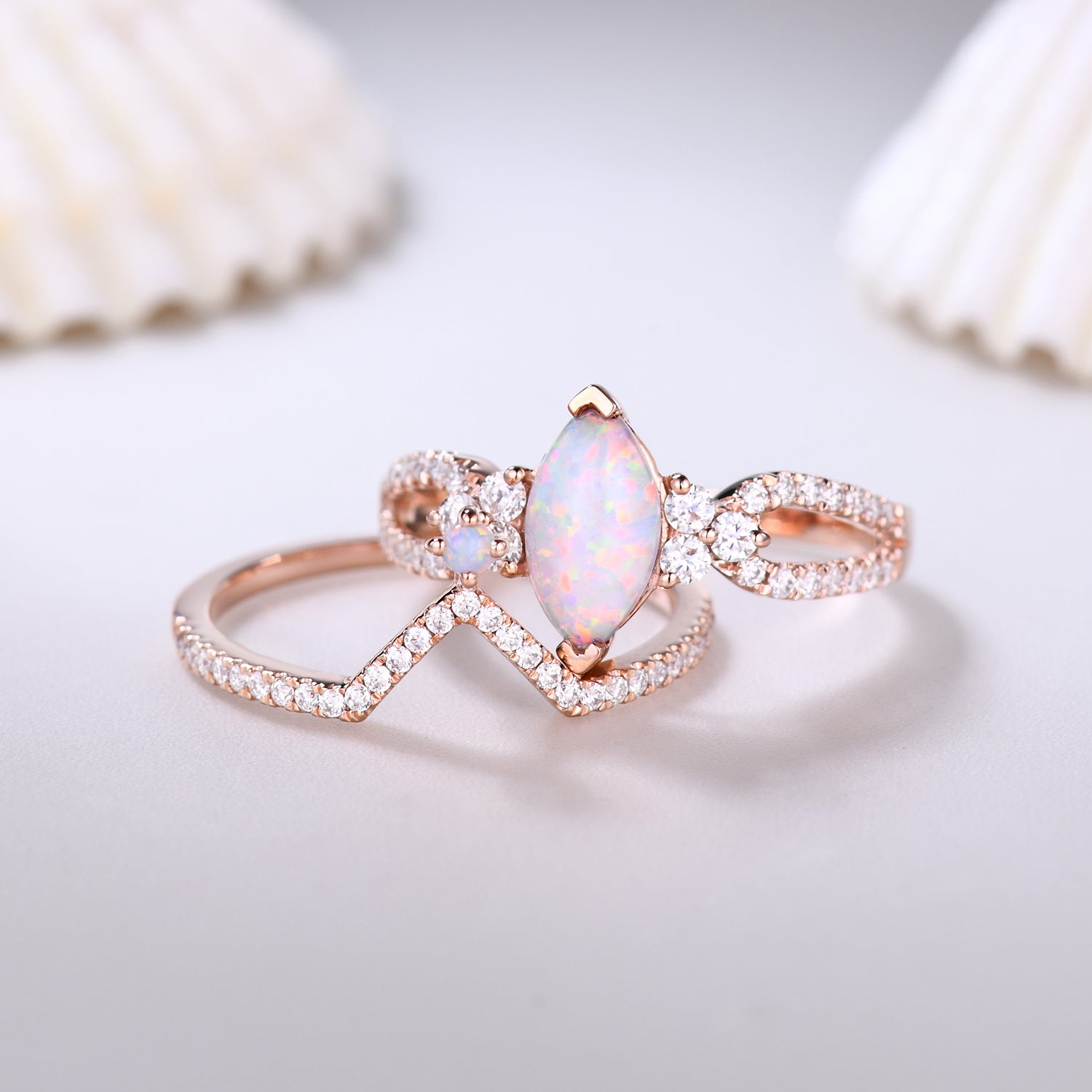 Vintage Marquise Opal Engagement Ring Set - 14K Rose Gold Curved V Moissanite Wedding Band for Women, Unique Vintage Style Jewelry Gift for Brides, Anniversaries & Special Occasions