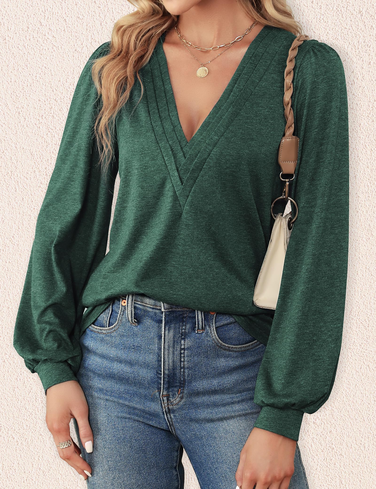 Agnes Urban Women's V-Neck Long Sleeve Tunic Top - Elegant Puff Sleeve Blouse for Casual & Dressy Outfits | Fall Fashion Loose Fit Shirt | Perfect for Office, Date Night & Autumn Layering