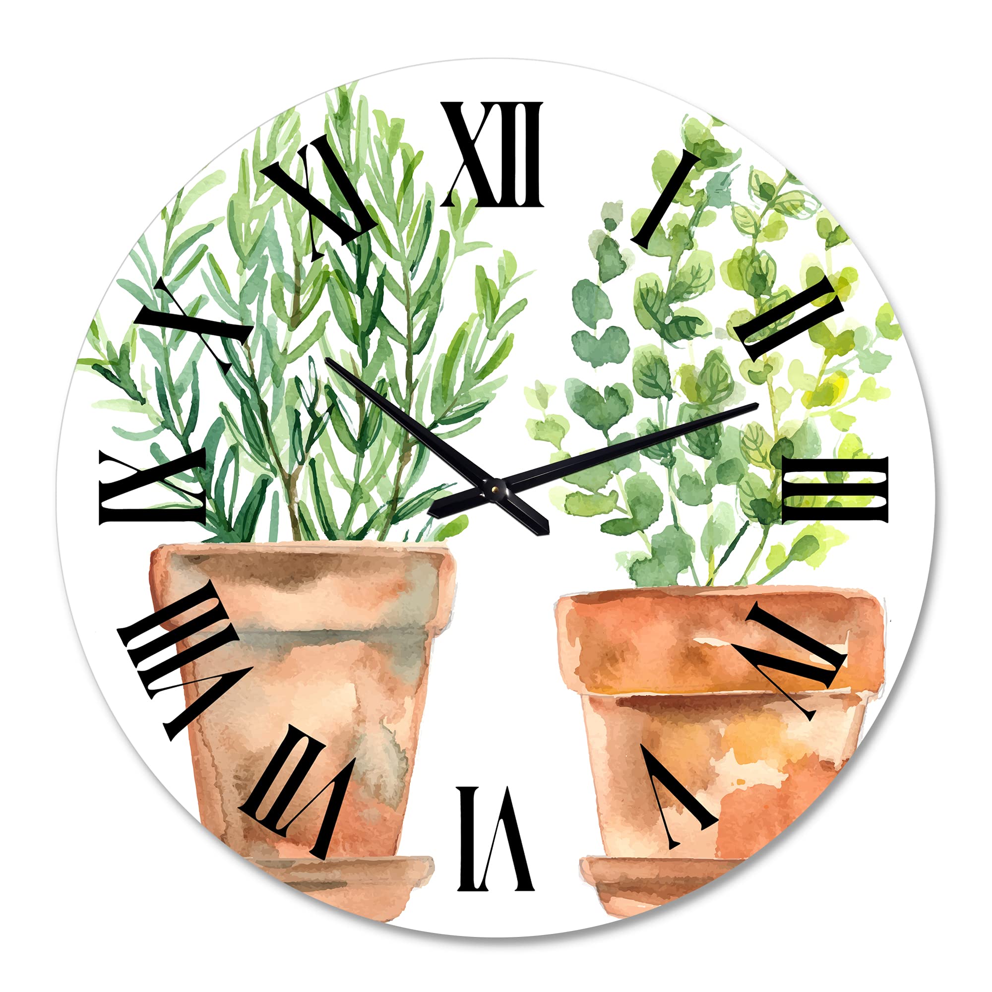 DesignQ Traditional Wall Clock - Large Floral & Botanical Decor with Two Green House Plants in Orange Pots for Living Room, Bedroom, Office