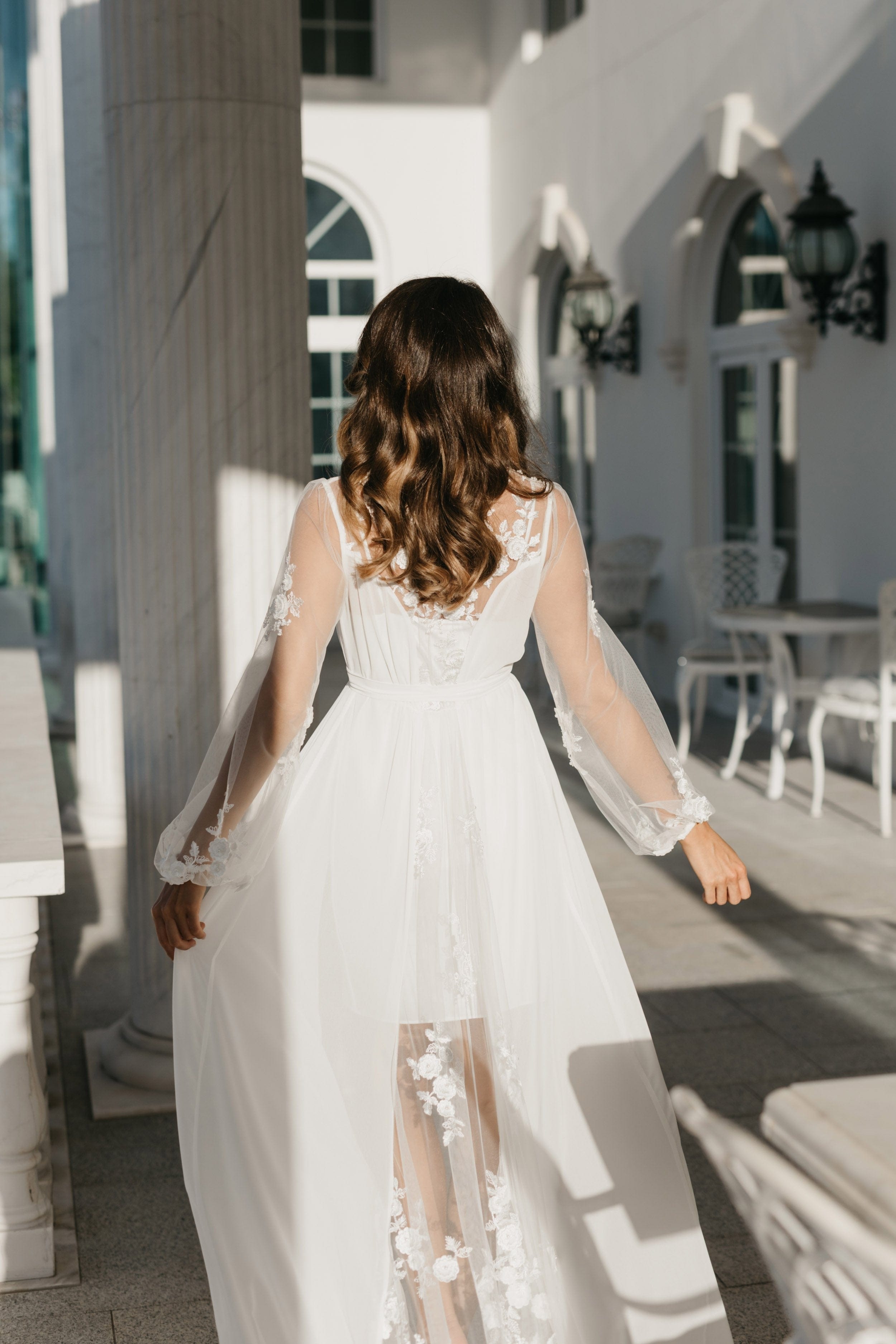 Amara Beaded Floral Lace Maxi Bridal Robe with Train & Slip - Elegant Wedding Gown for Bride, Bridesmaids & Photoshoots | Perfect for Ceremony, Reception & Honeymoon